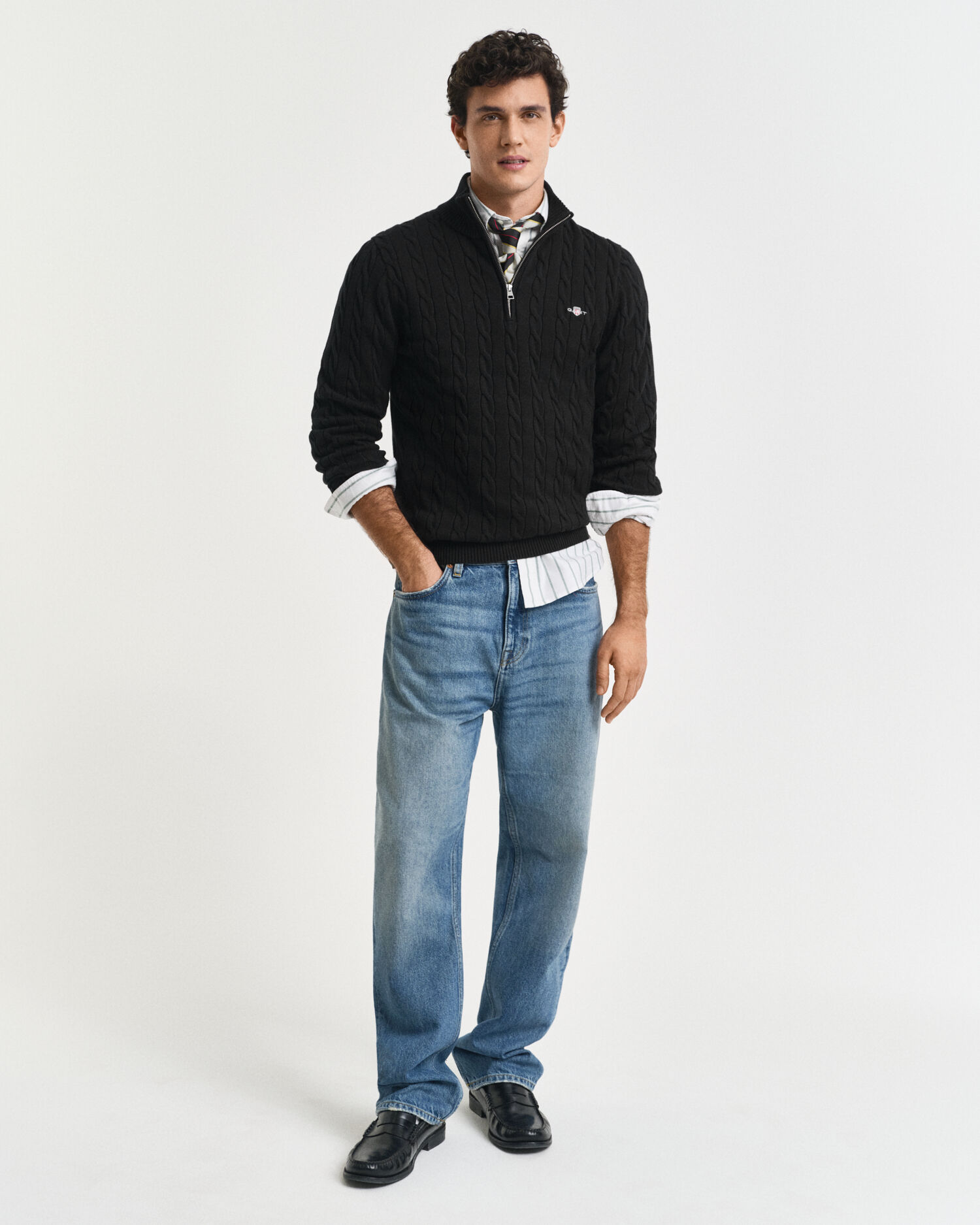 Maglia con zip corta in cotone a trecce