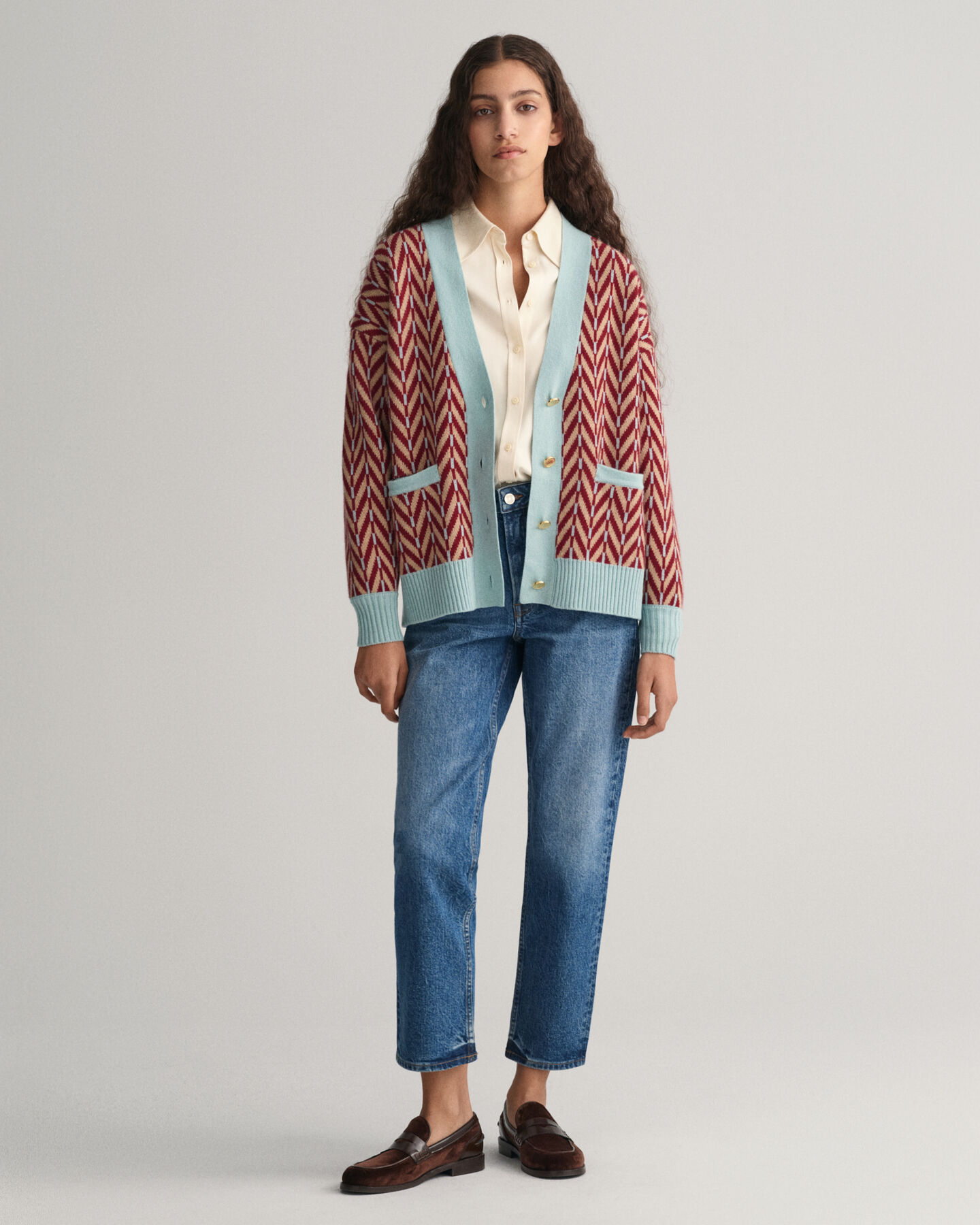 Cardigan con motivo a spina di pesce multicolore