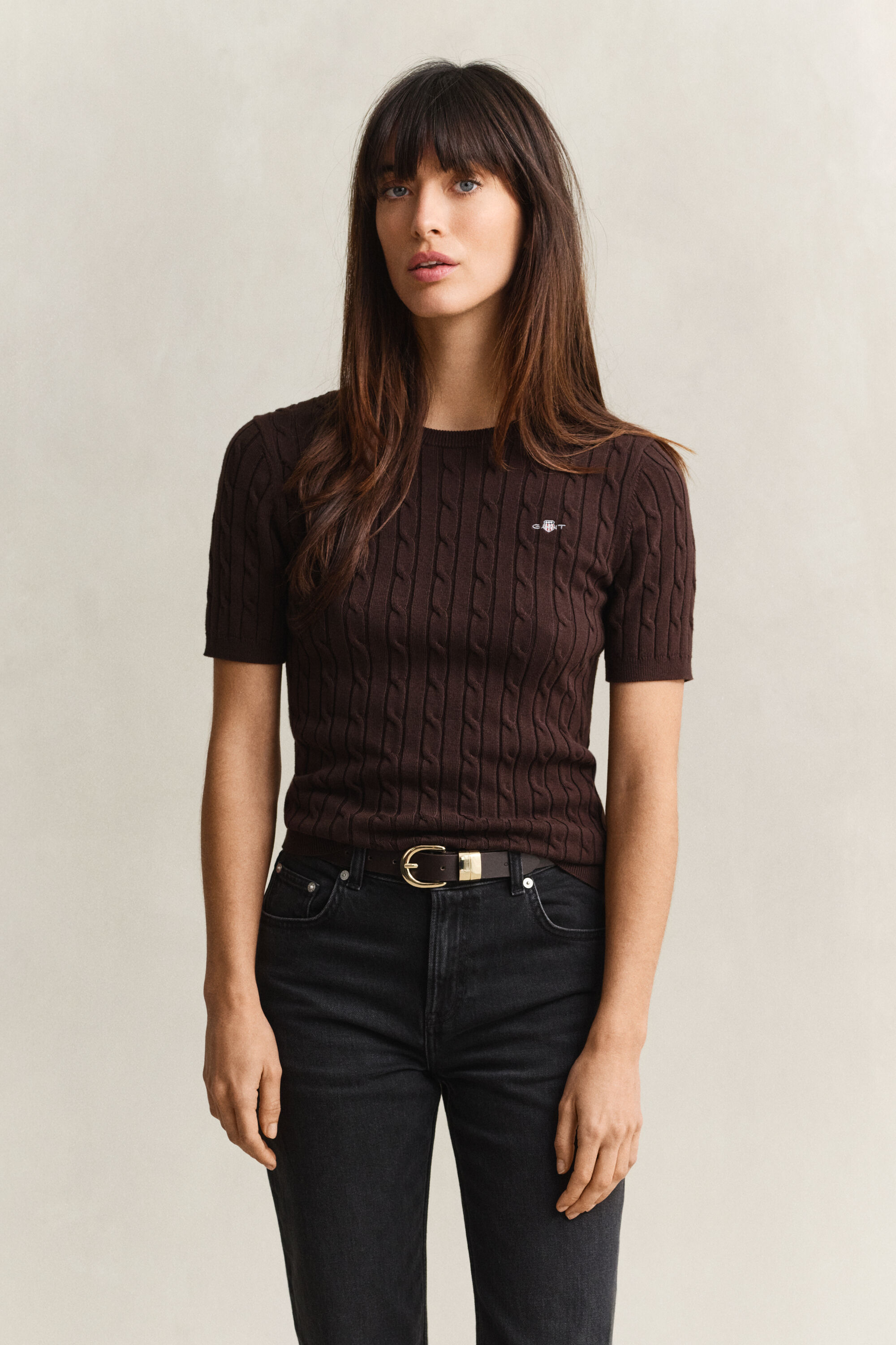 Maglia a trecce maniche corte in cotone elasticizzato