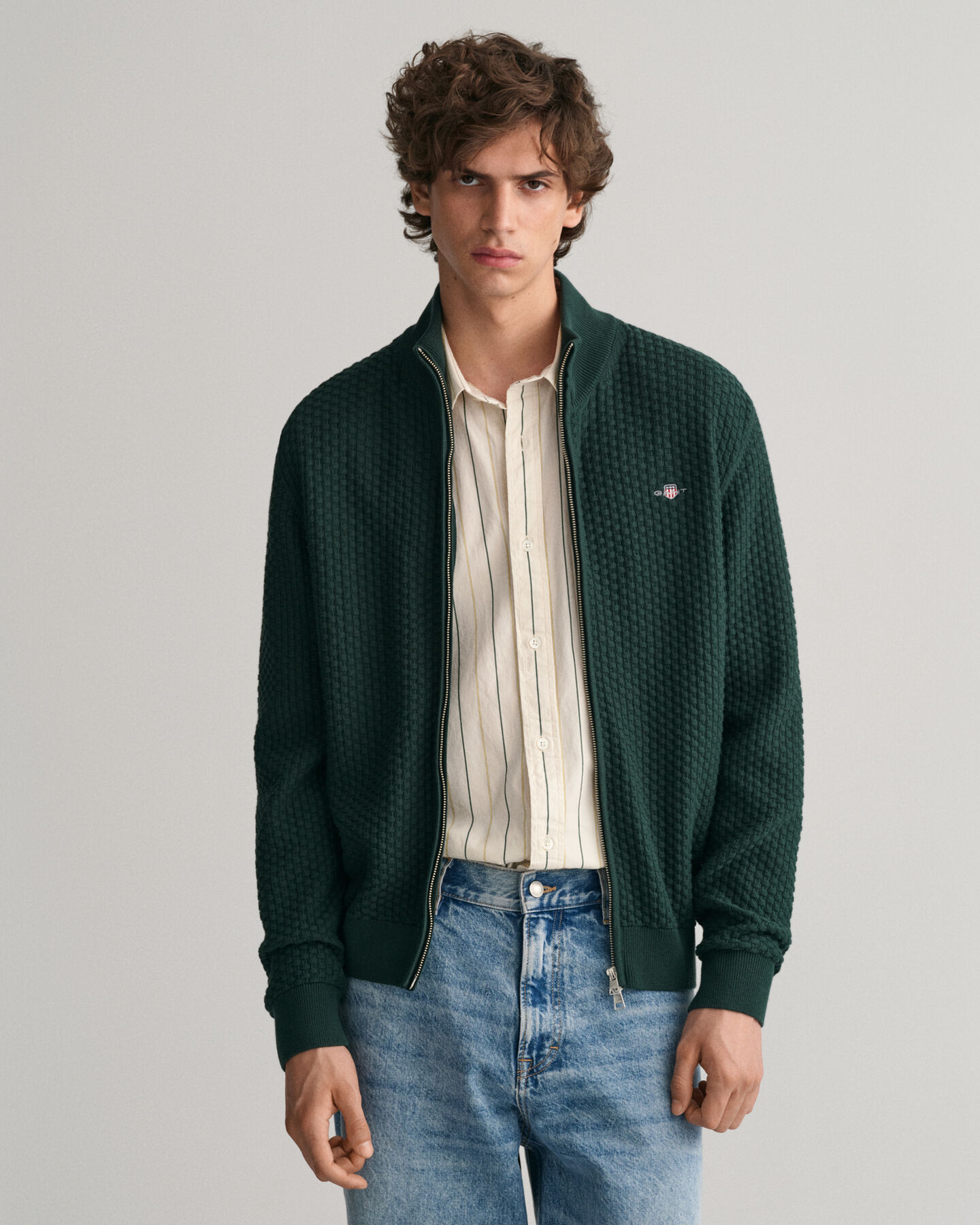 Cardigan con zip in cotone testurizzato