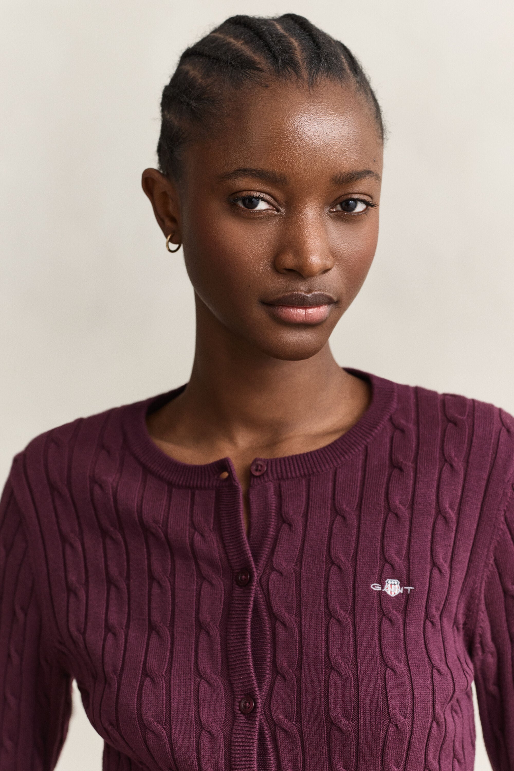 Cardigan in maglia di cotone elasticizzato a trecce