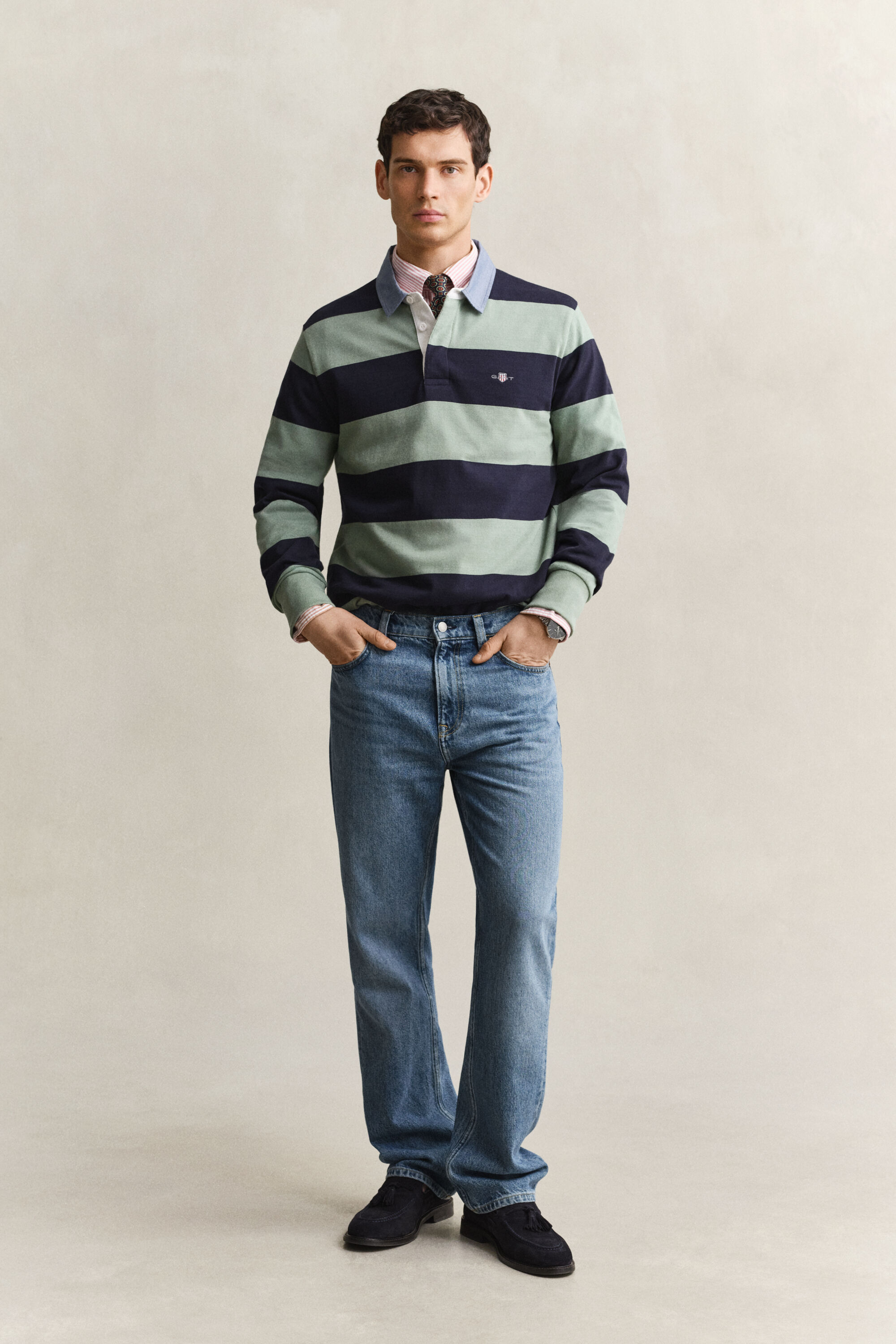 Heavy Rugger a righe con colletto in chambray