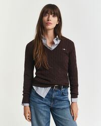 Maglia con scollo a V in cotone elasticizzato a trecce