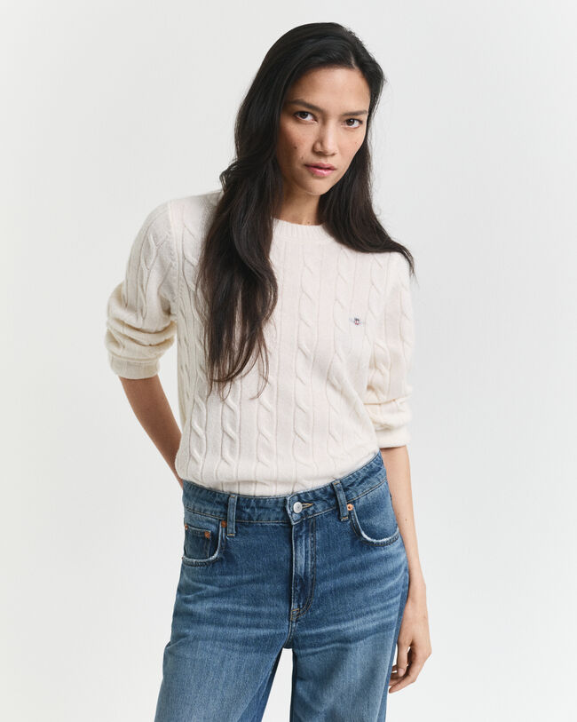 Maglia girocollo a trecce in lana d’agnello