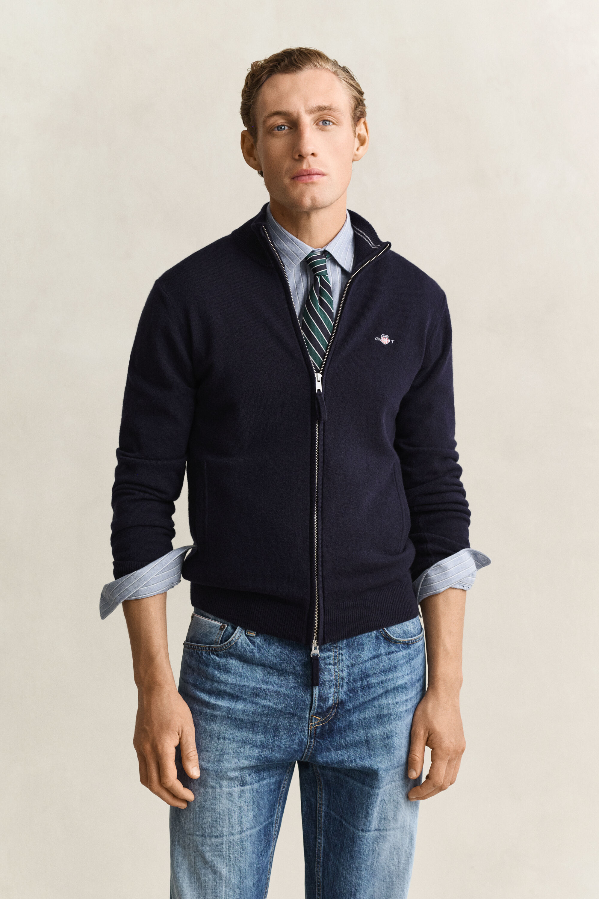Cardigan con zip in lana d’agnello