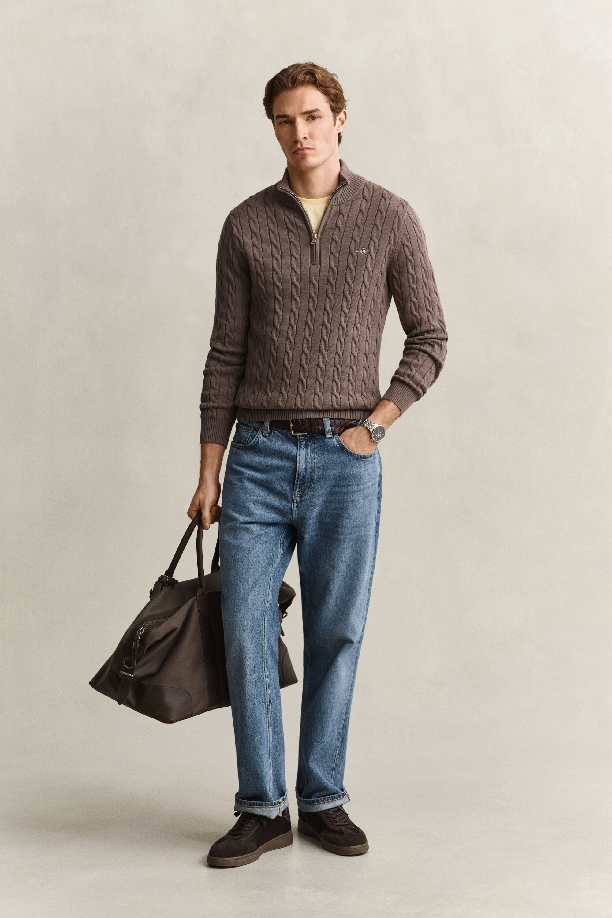 Maglia con zip corta in cotone a trecce