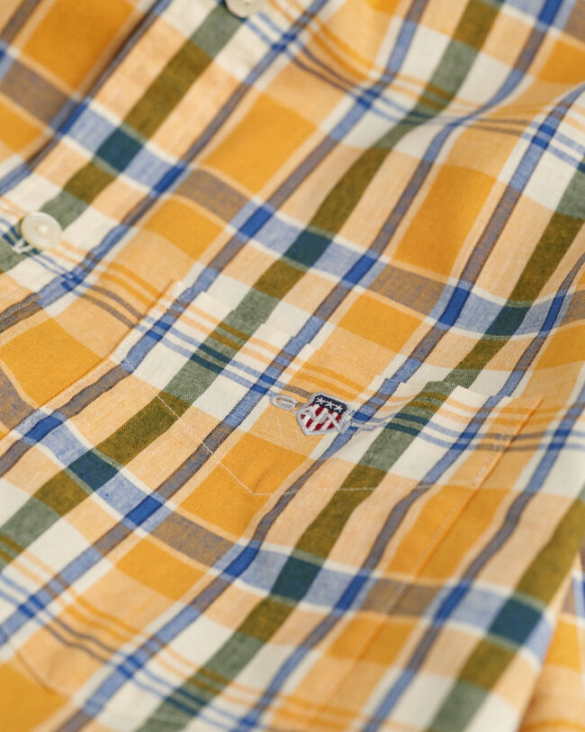 Camicia a maniche corte in misto cotone-lino a quadri regular fit