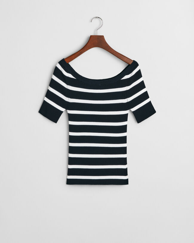 Top a spalle scoperte in maglia a coste e righe