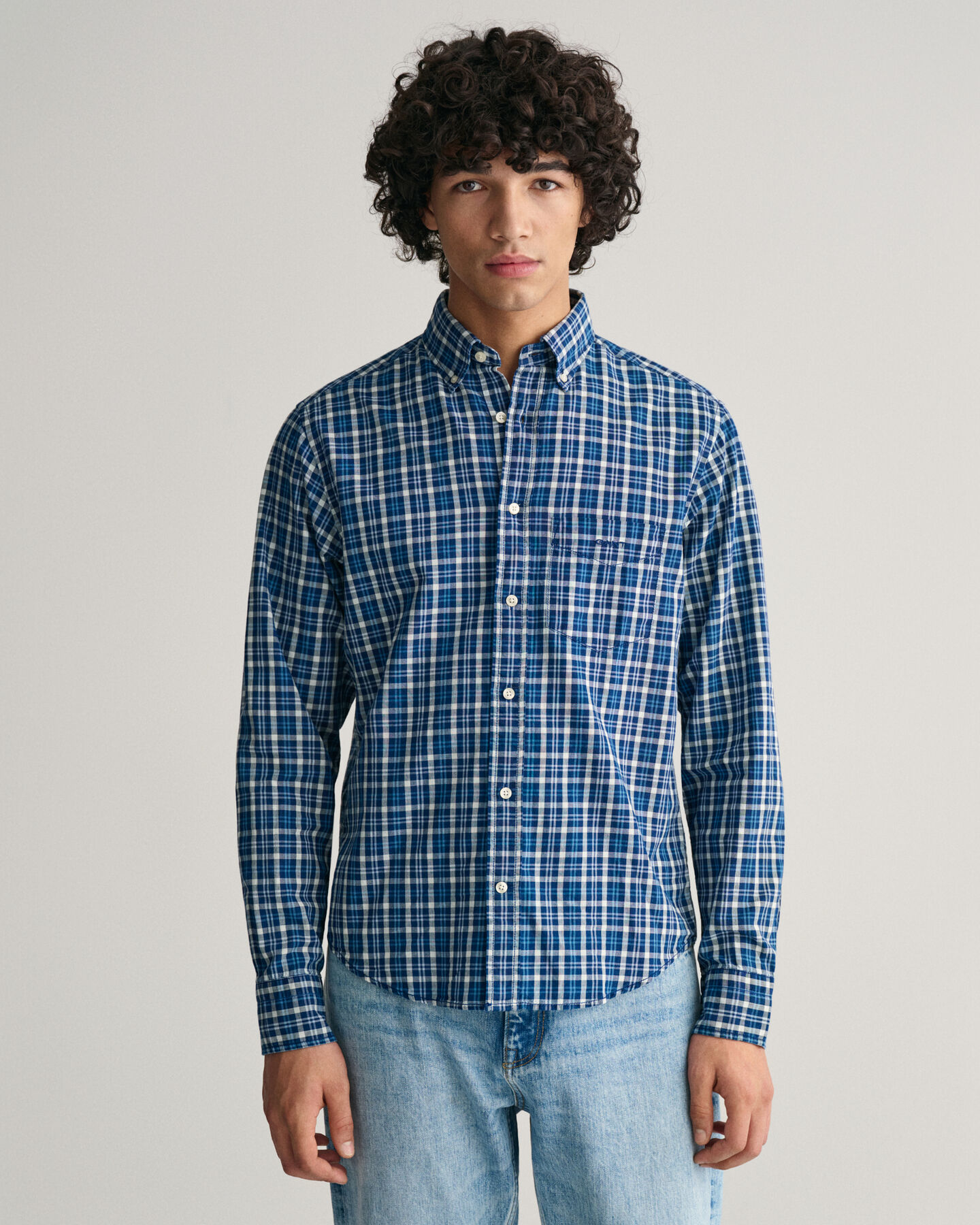Camicia di lino a quadri madras Indigo regular fit