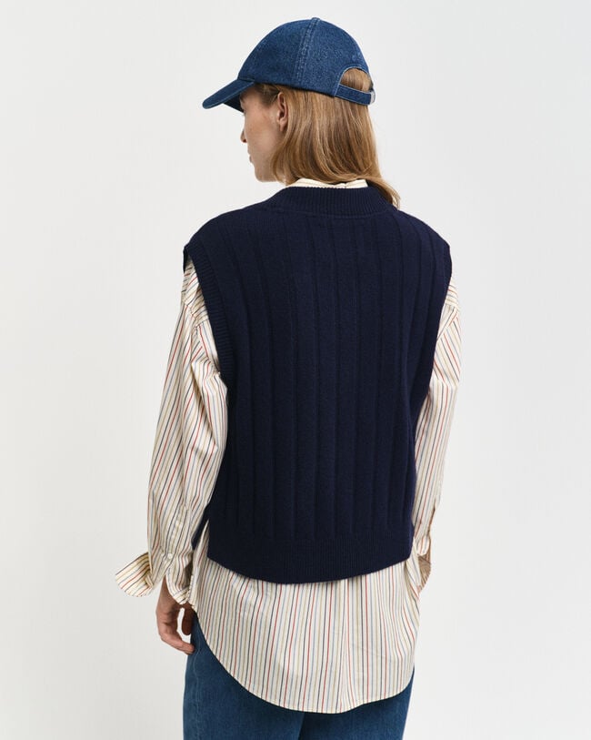 Gilet con scollo a V a coste in lana a coste ampie