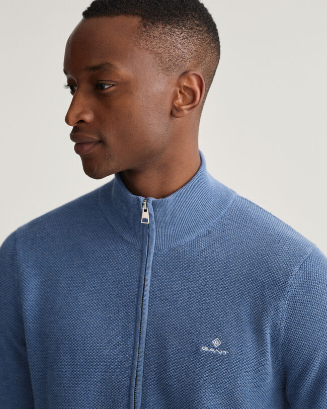 Cardigan in piqué di cotone con zip corta