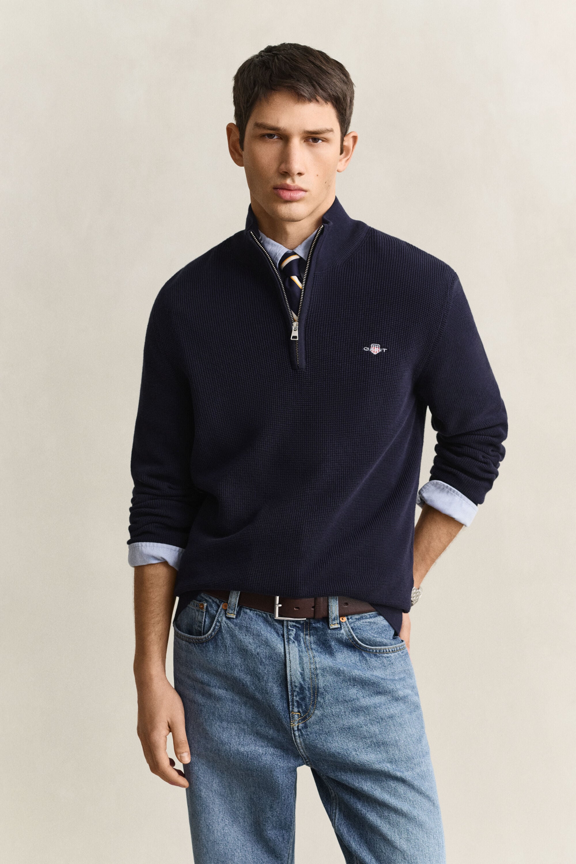 Maglia in cotone testurizzato con zip corta