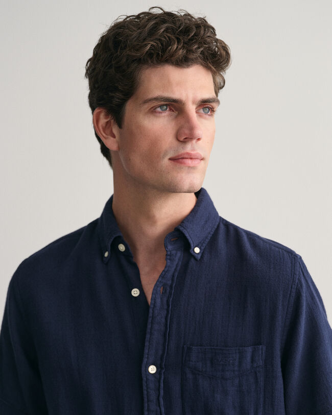 Camicia a maniche corte in misto cotone-lino testurizzato regular fit