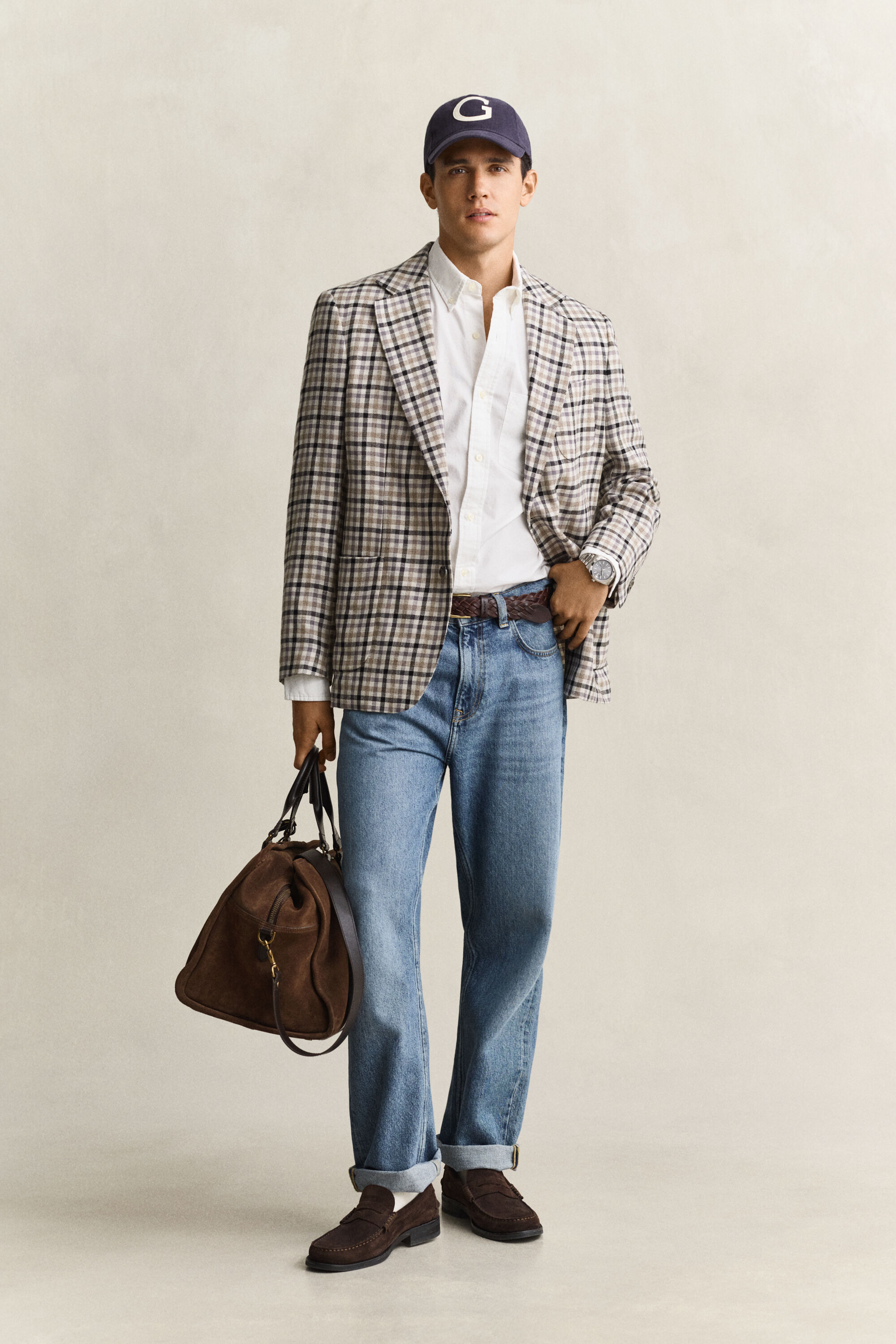 Blazer a quadri in lana e lino