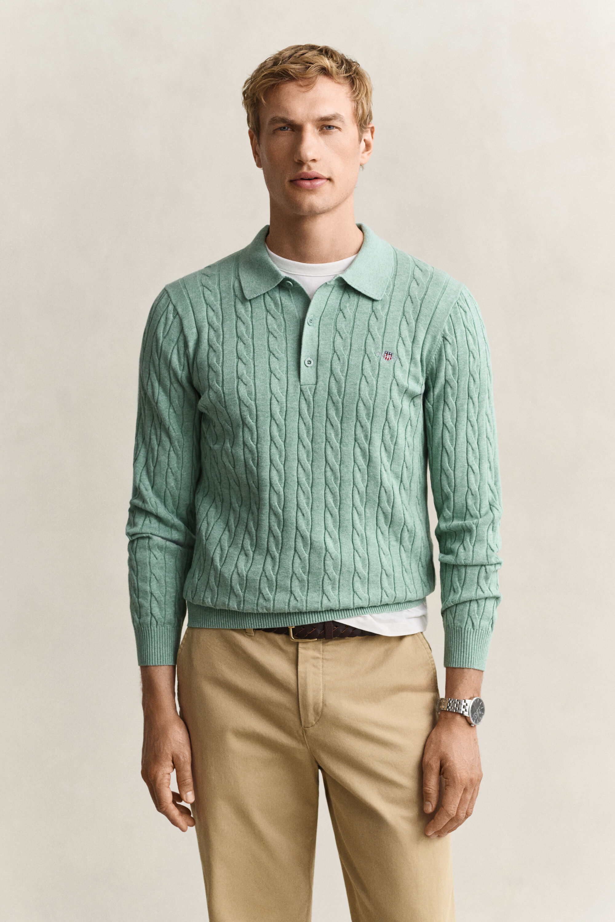 Polo in maglia a trecce in cotone
