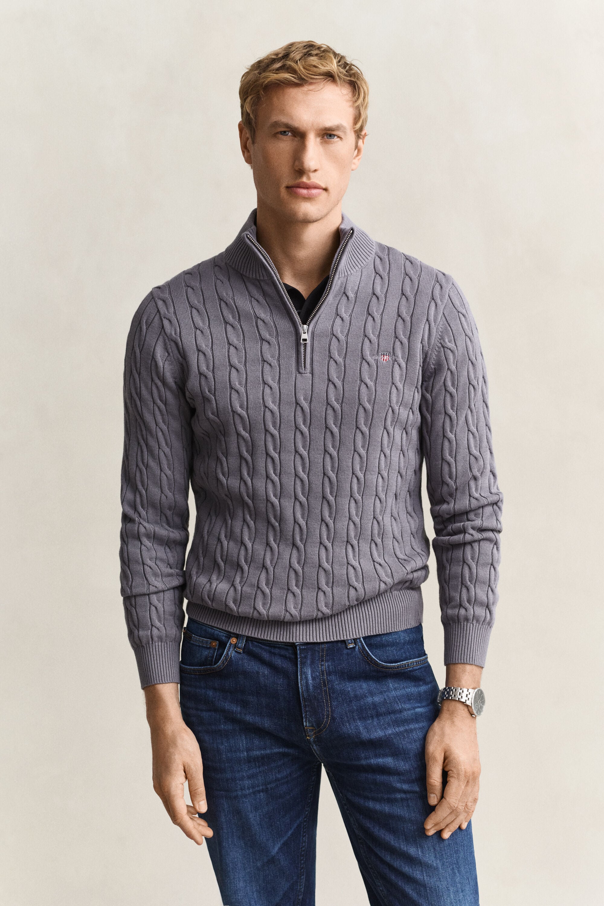 Maglia con zip corta in cotone a trecce