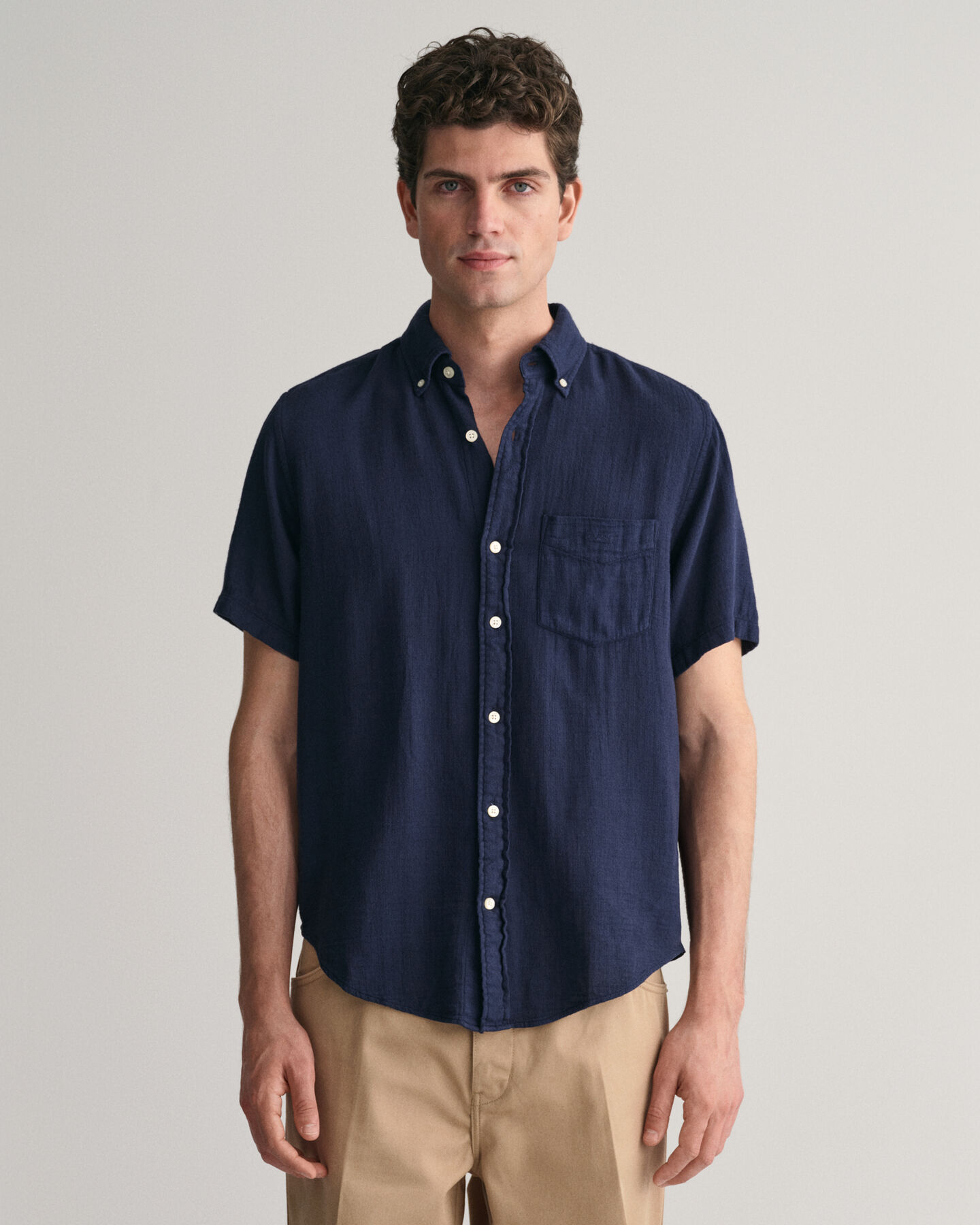 Camicia a maniche corte in misto cotone-lino testurizzato regular fit