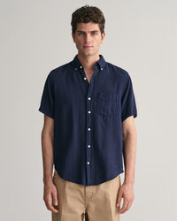 Camicia a maniche corte in misto cotone-lino testurizzato regular fit