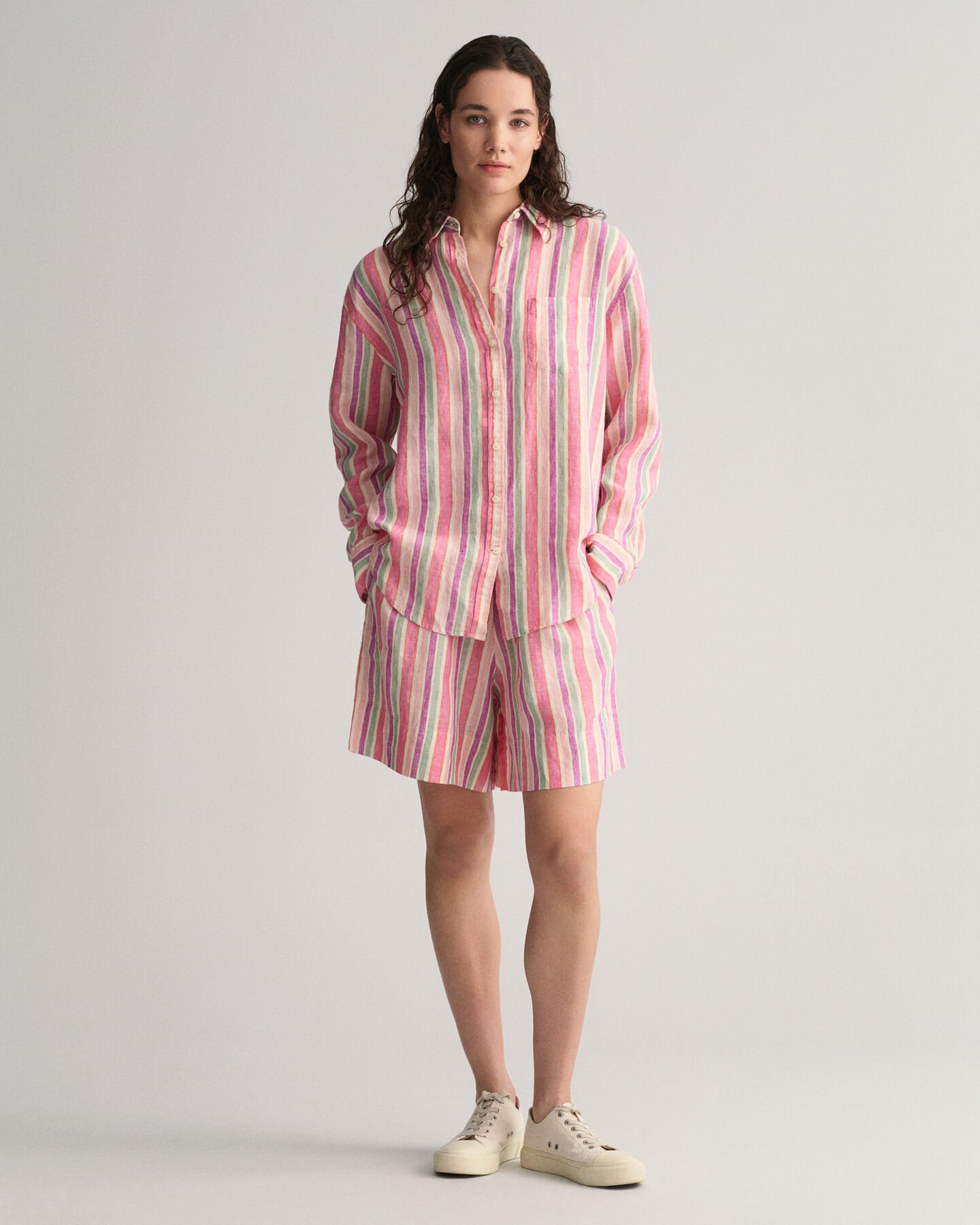 Camicia multi righe in lino relaxed fit