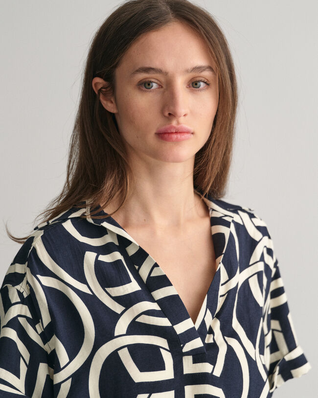 Camicia a maniche corte Popover di lino con stampa Monogram Print relaxed fit