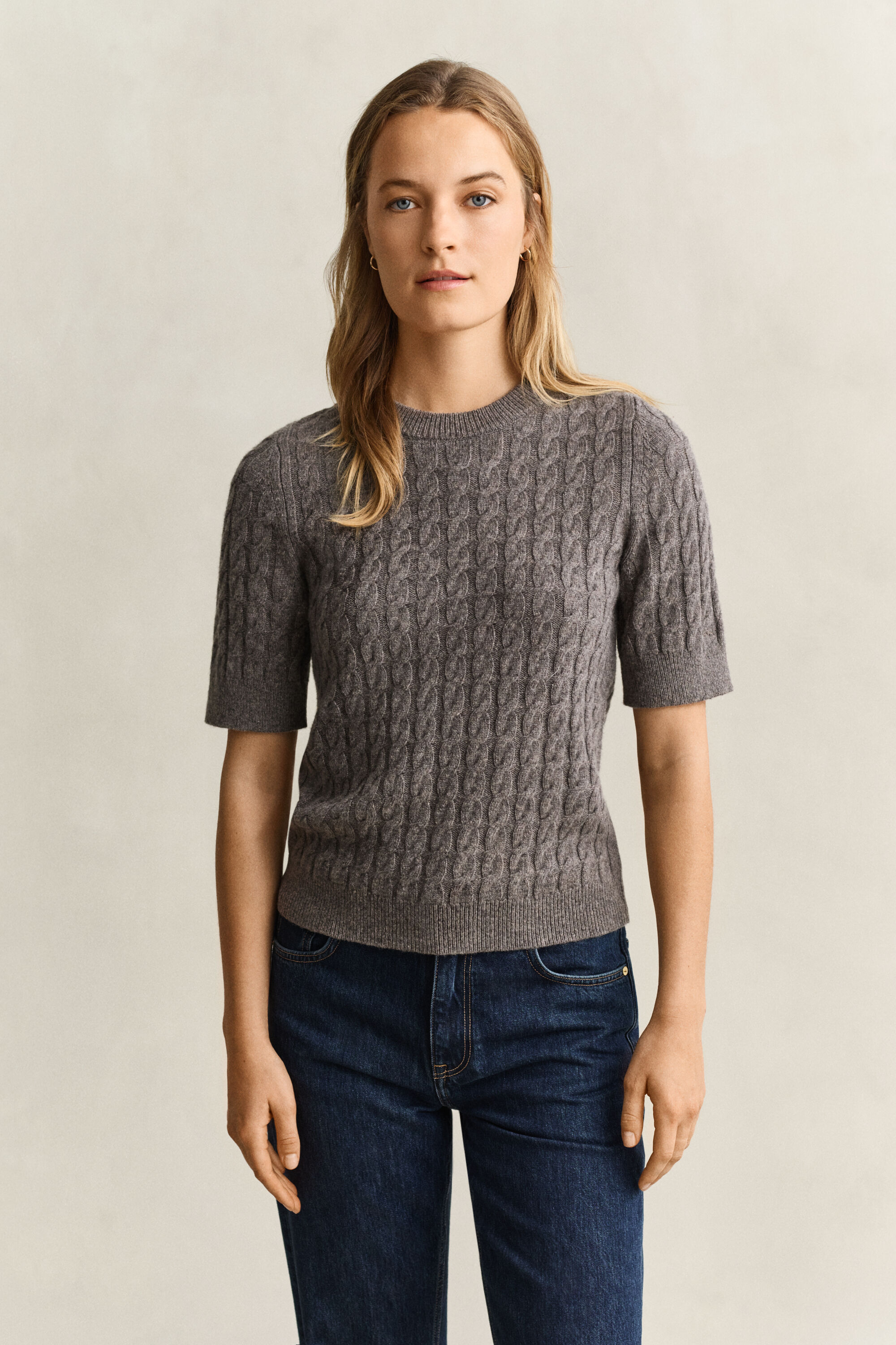 Maglia a trecce con maniche corte in lana e cashmere