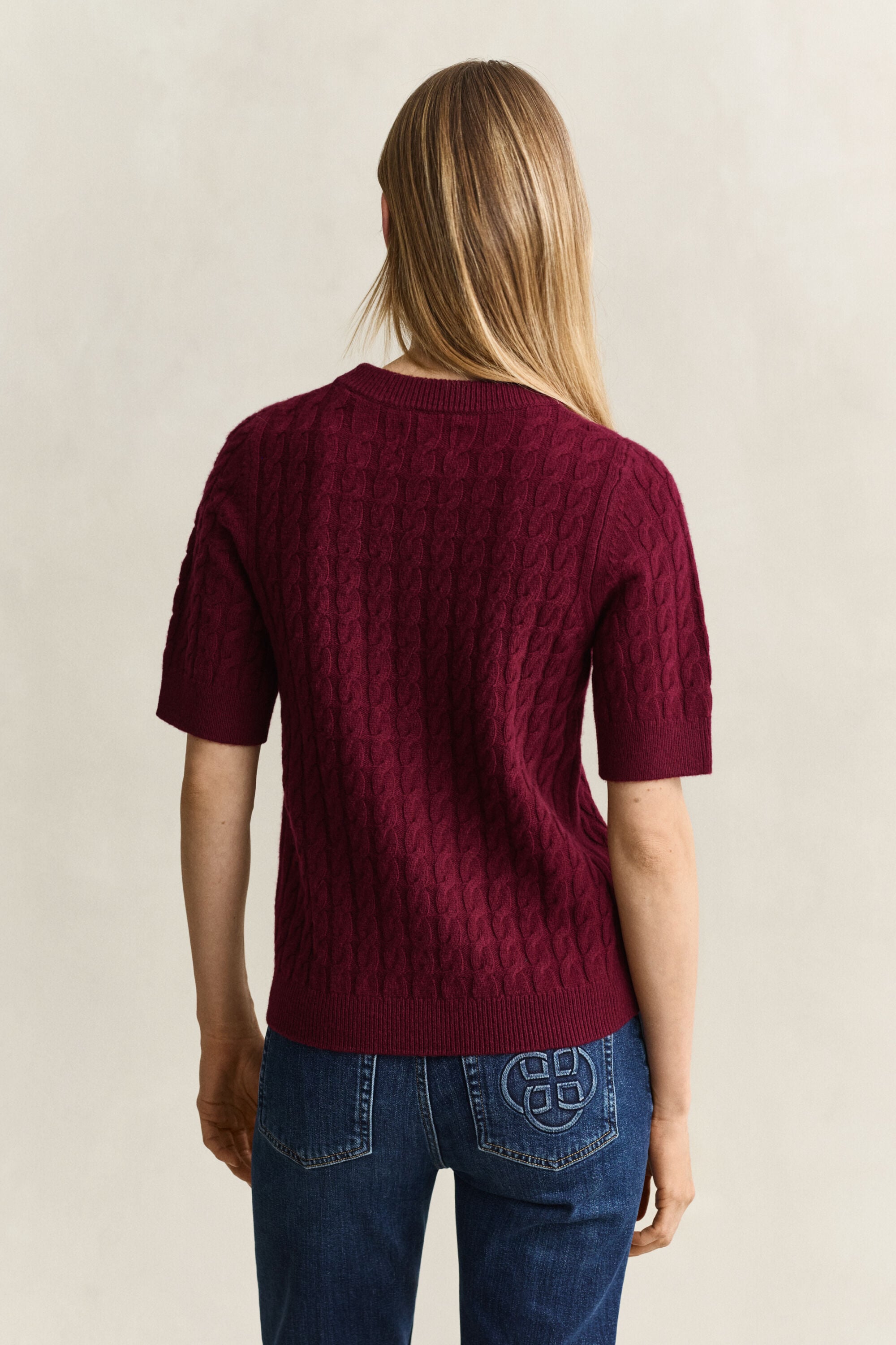 Maglia a trecce con maniche corte in lana e cashmere