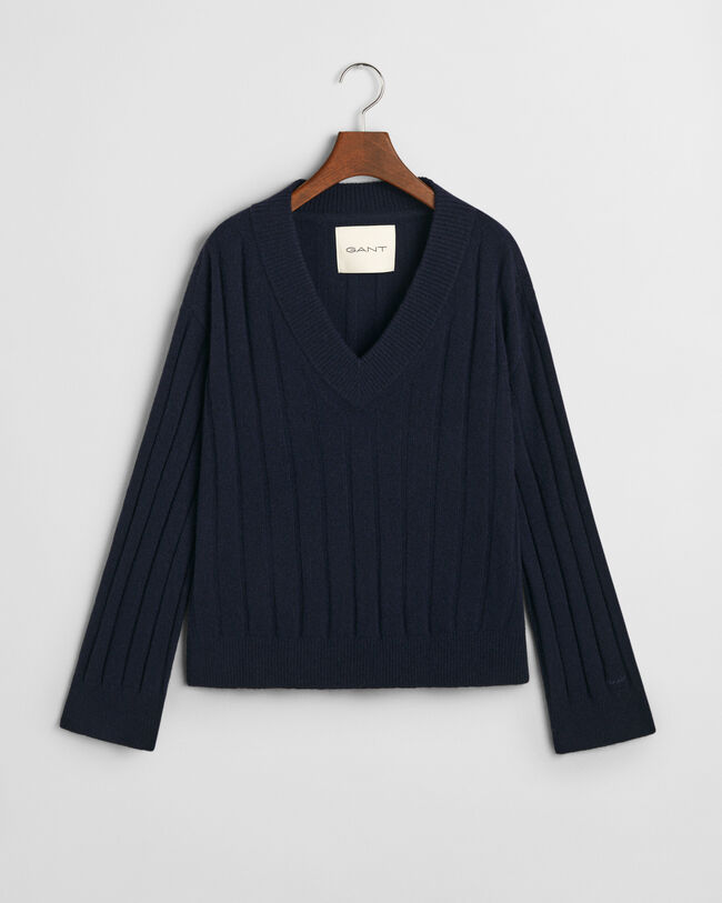 Maglia con scollo a V a coste larghe in lana