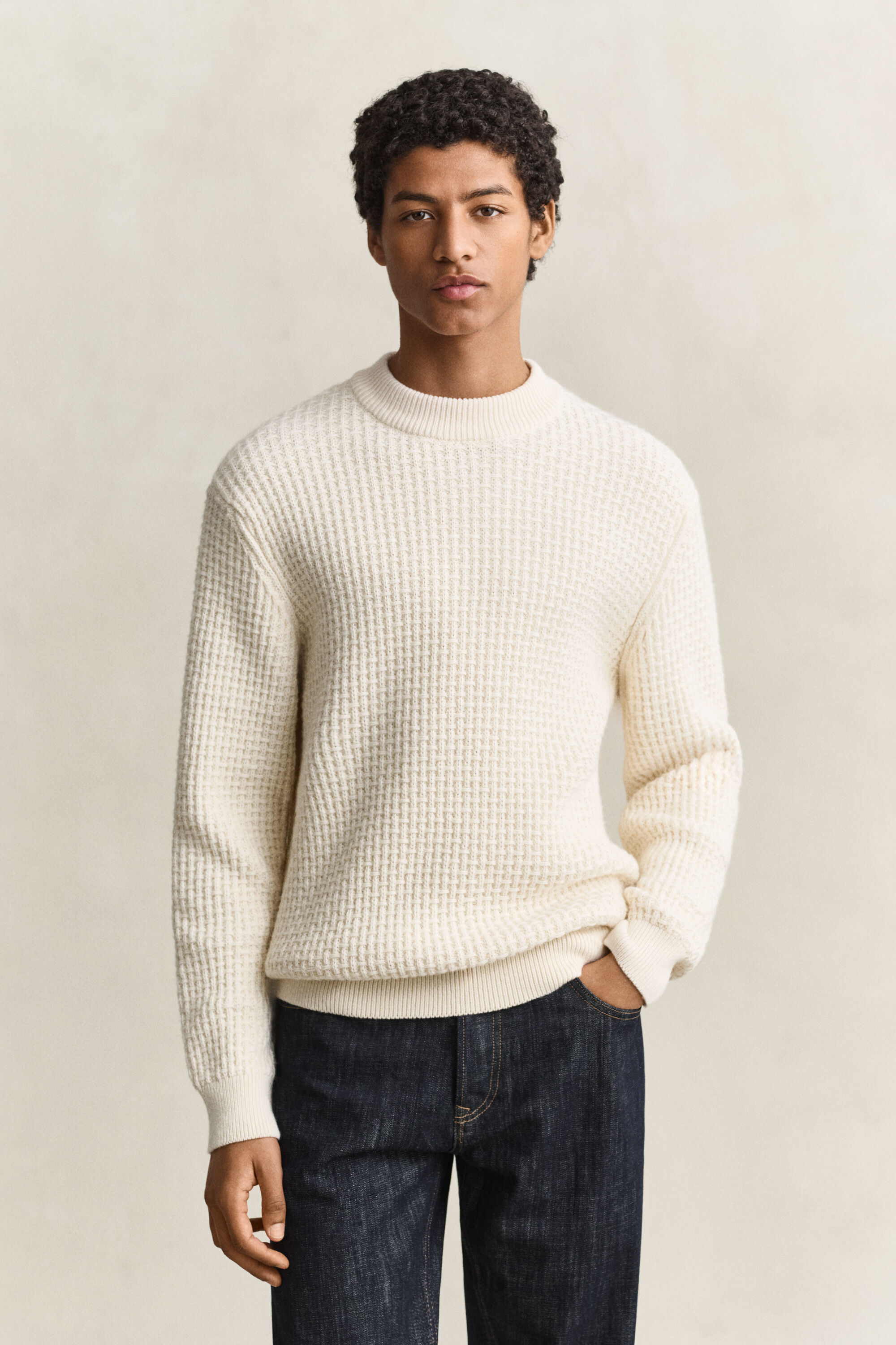Maglia in cotone e lana testurizzata con finto collo alto