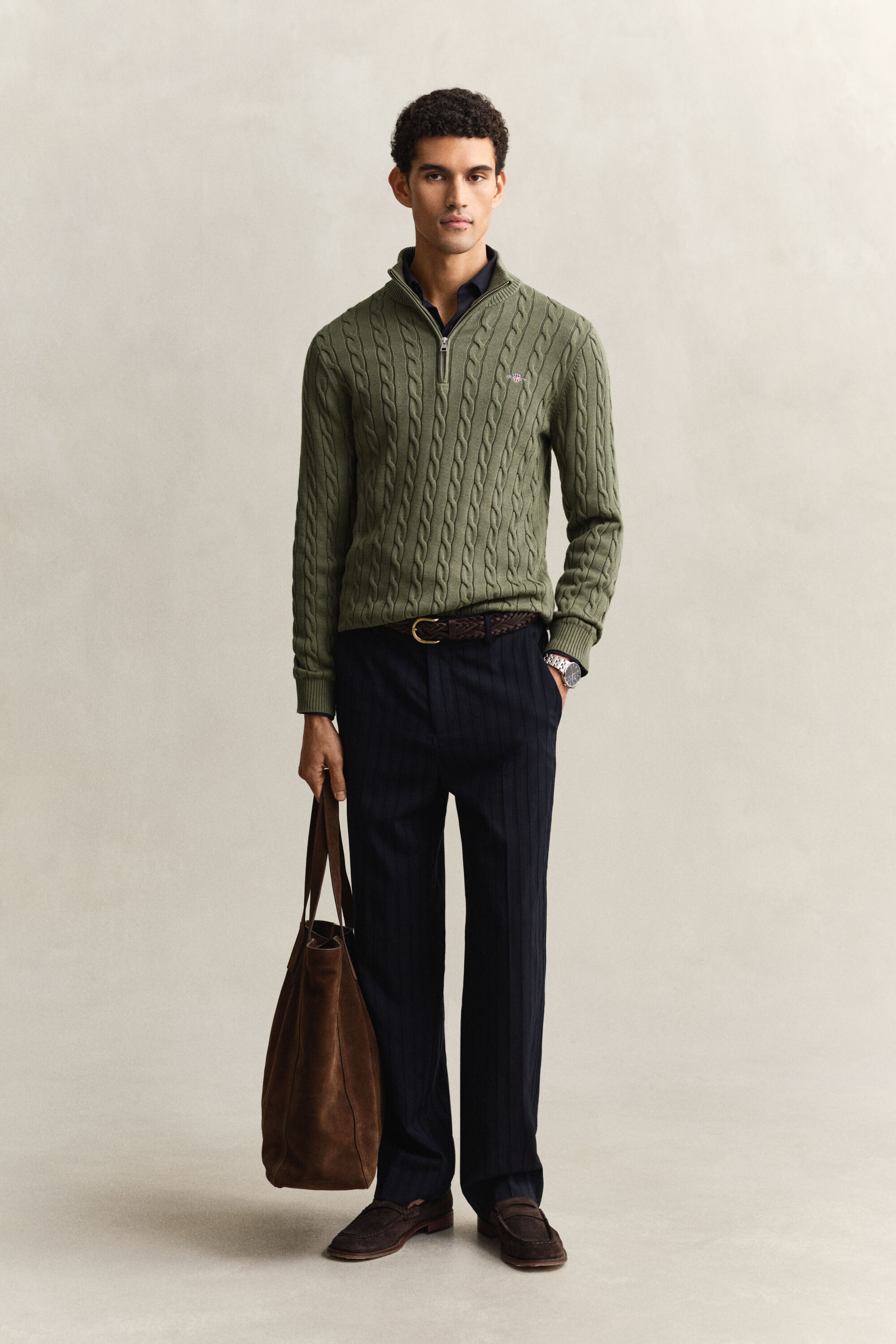 Maglia con zip corta in cotone a trecce