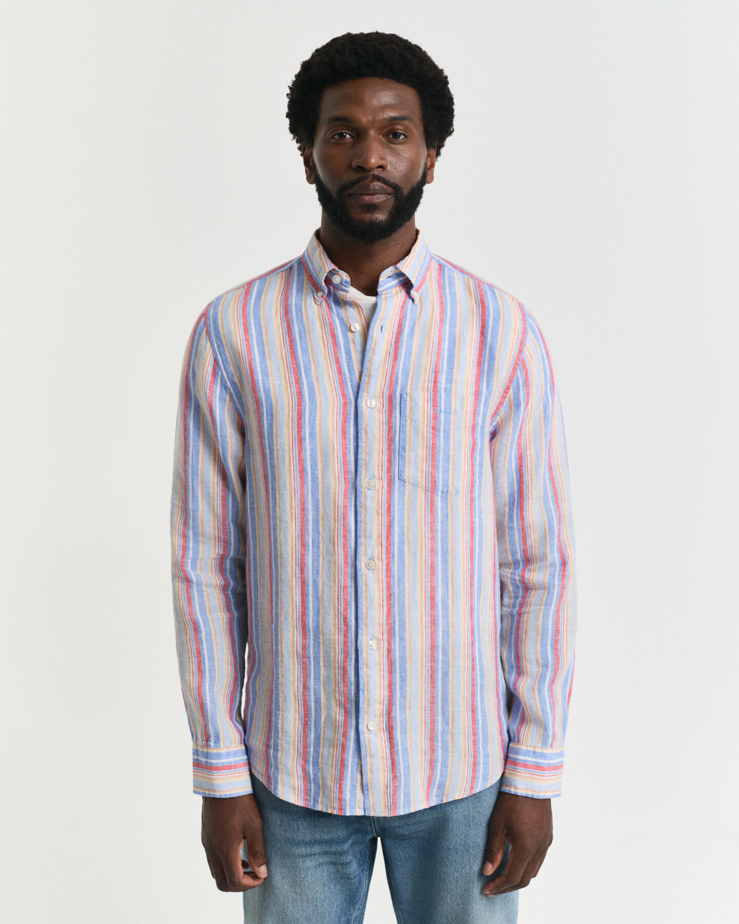 Camicia di lino multicolore a righe regular fit