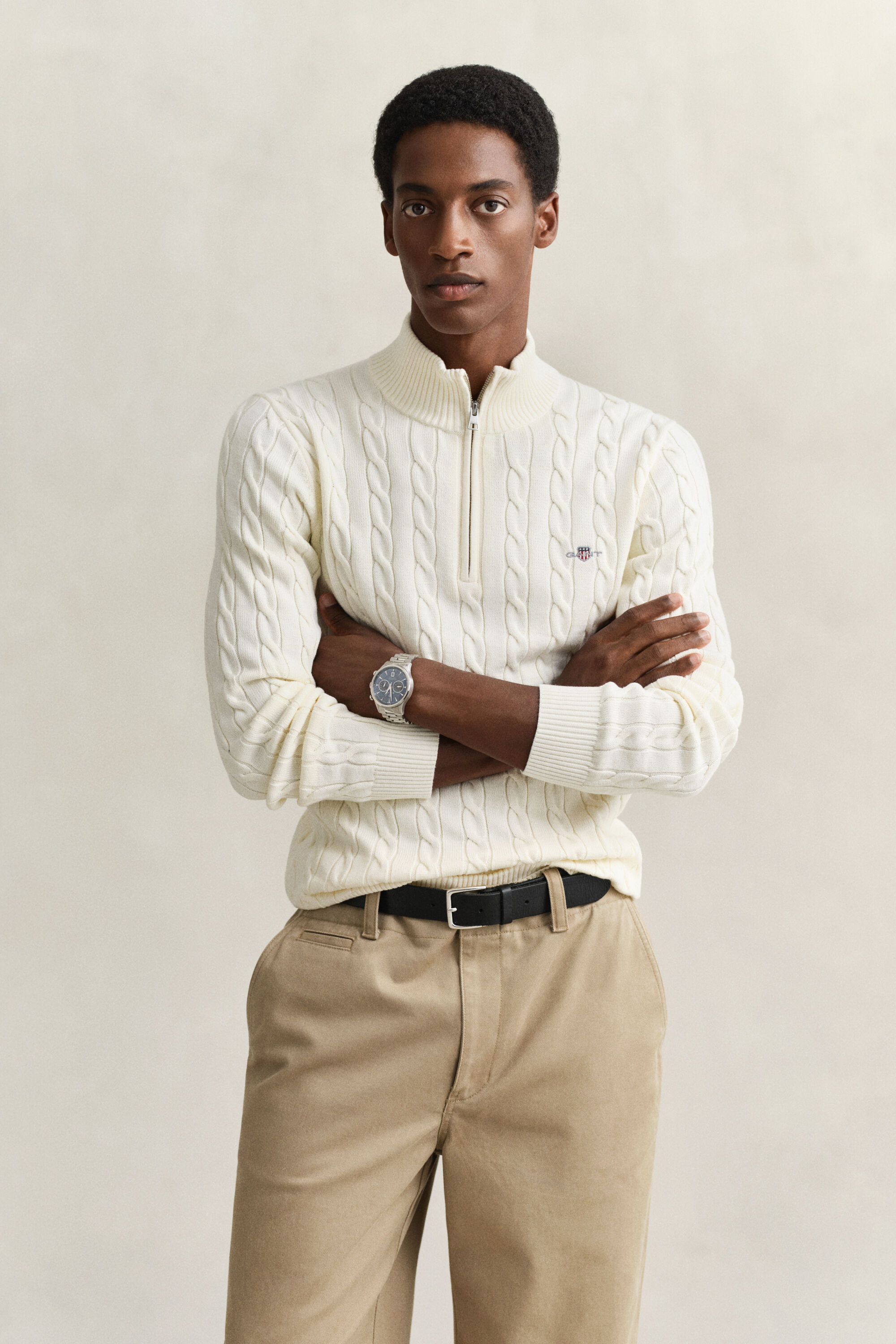 Maglia con zip corta in cotone a trecce
