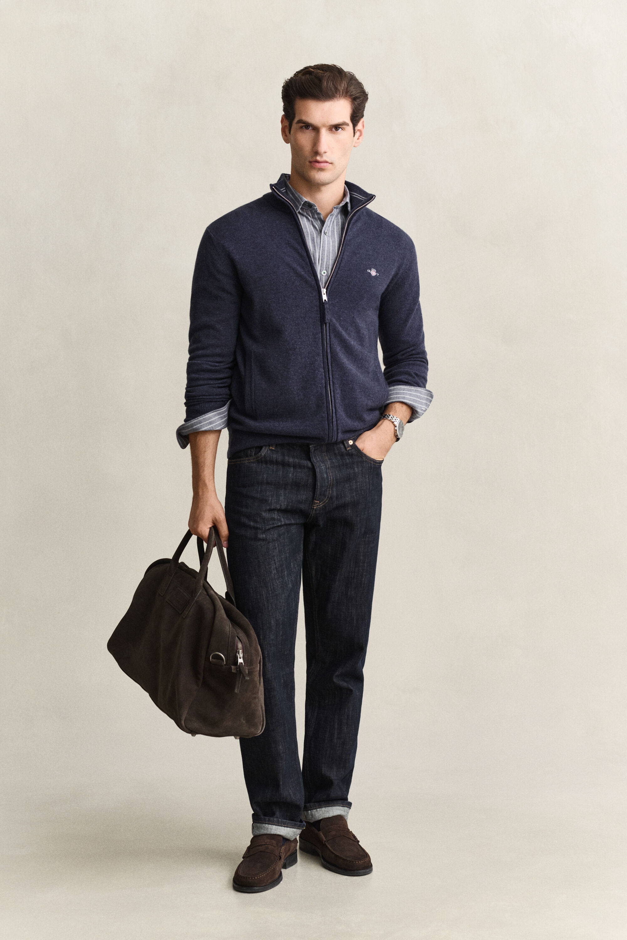 Cardigan con zip in lana d’agnello
