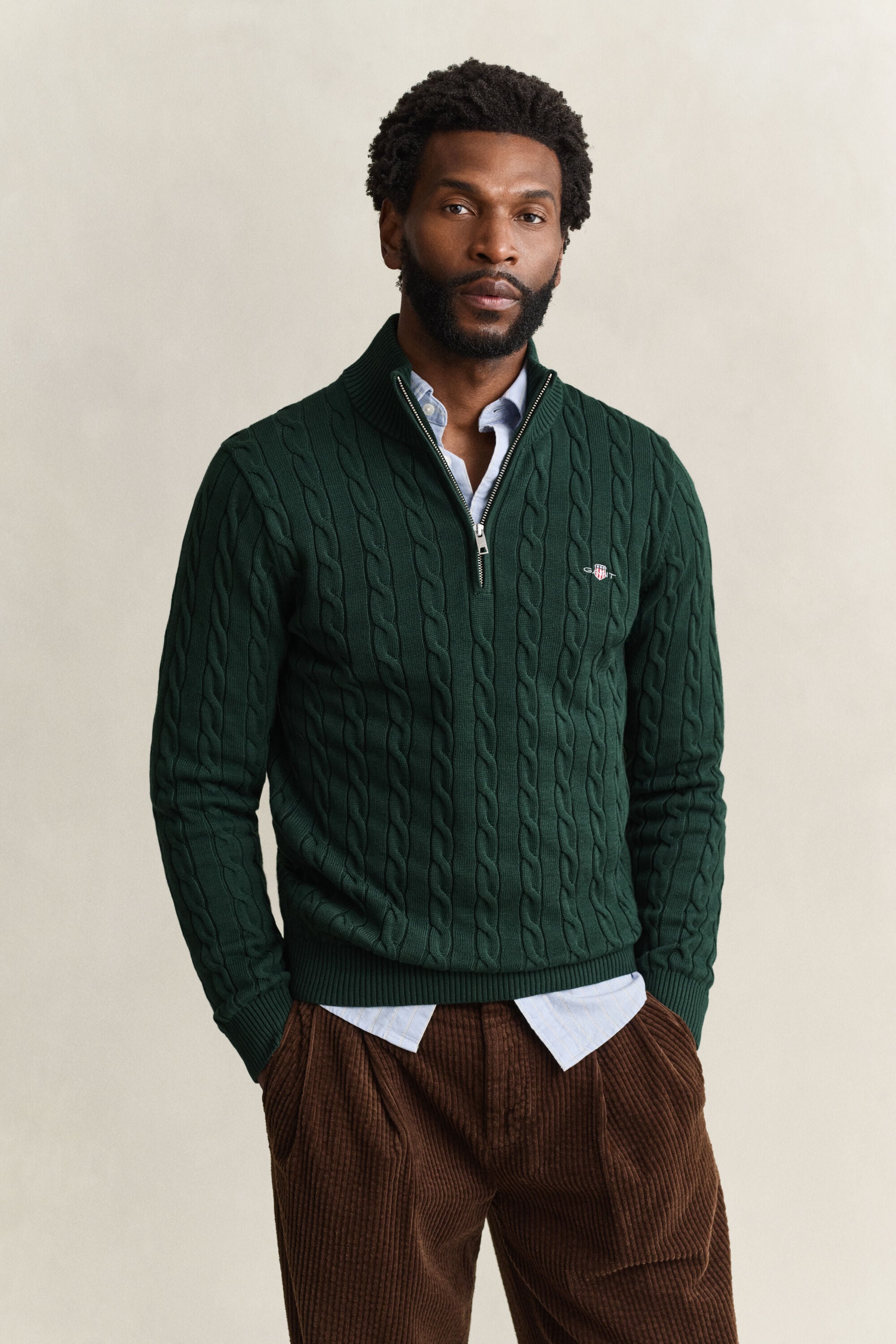 Maglia con zip corta in cotone a trecce