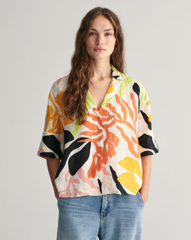 Camicia a maniche corte in lino Palm Print relaxed fit