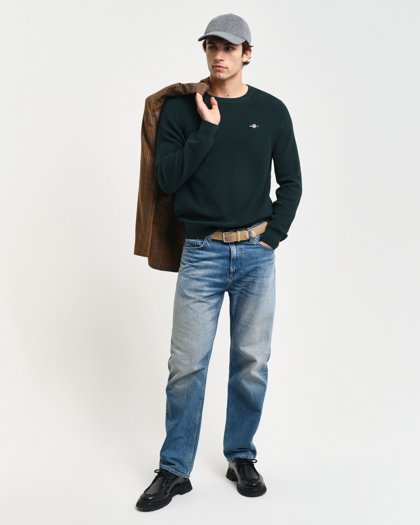 Maglia girocollo in cotone e lana a coste