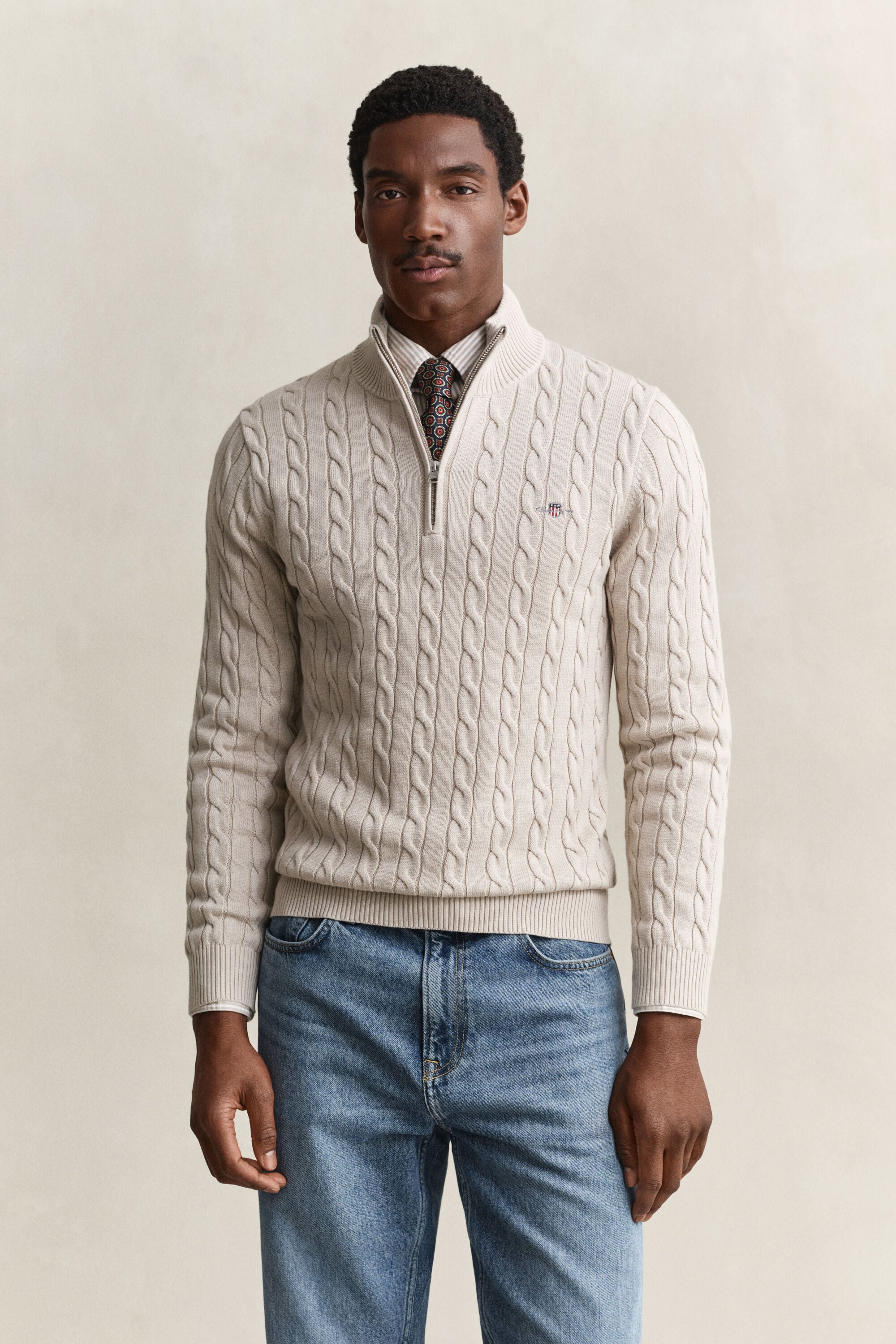 Maglia con zip corta in cotone a trecce