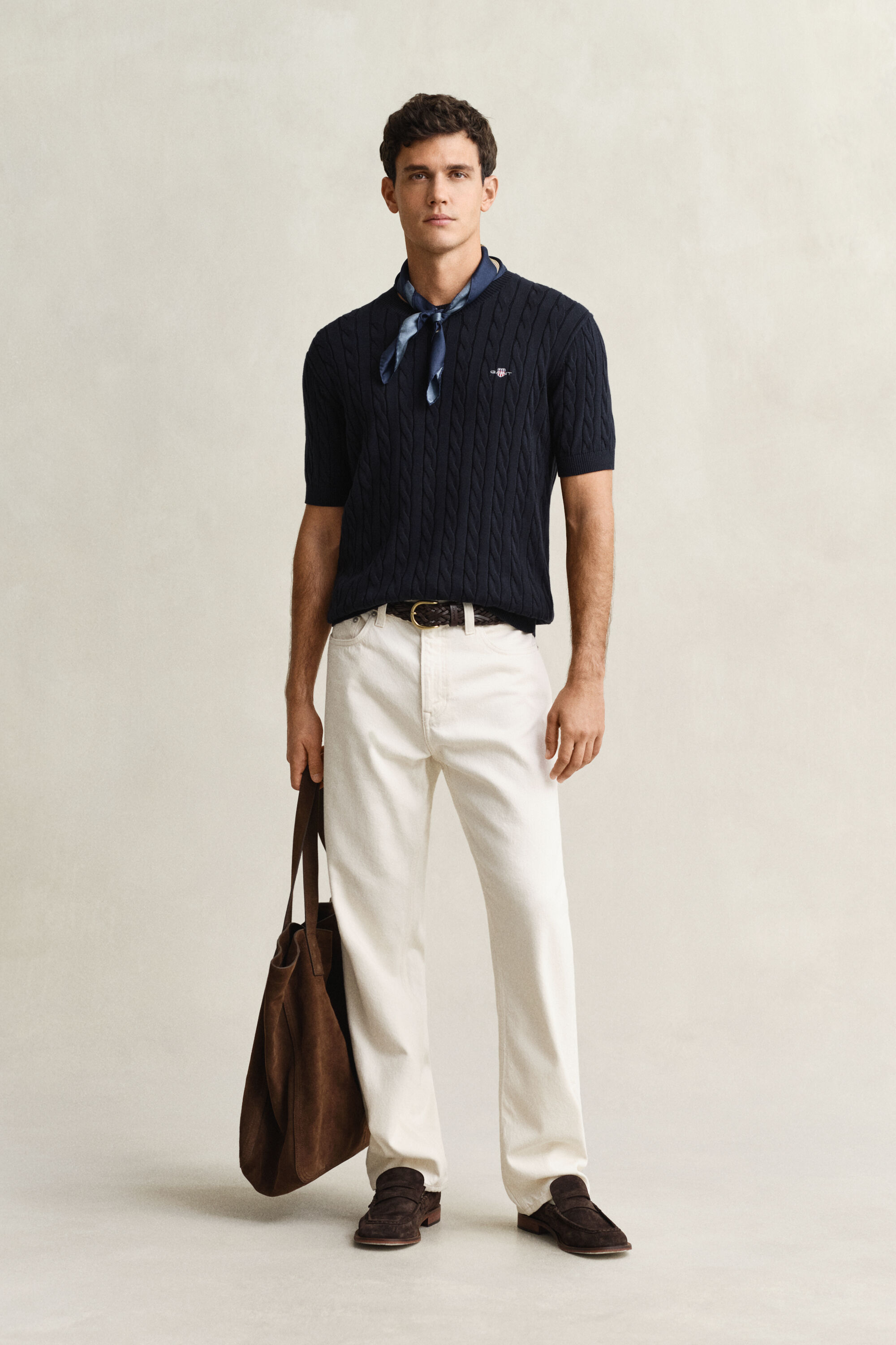 Maglia a trecce con maniche corte in cotone