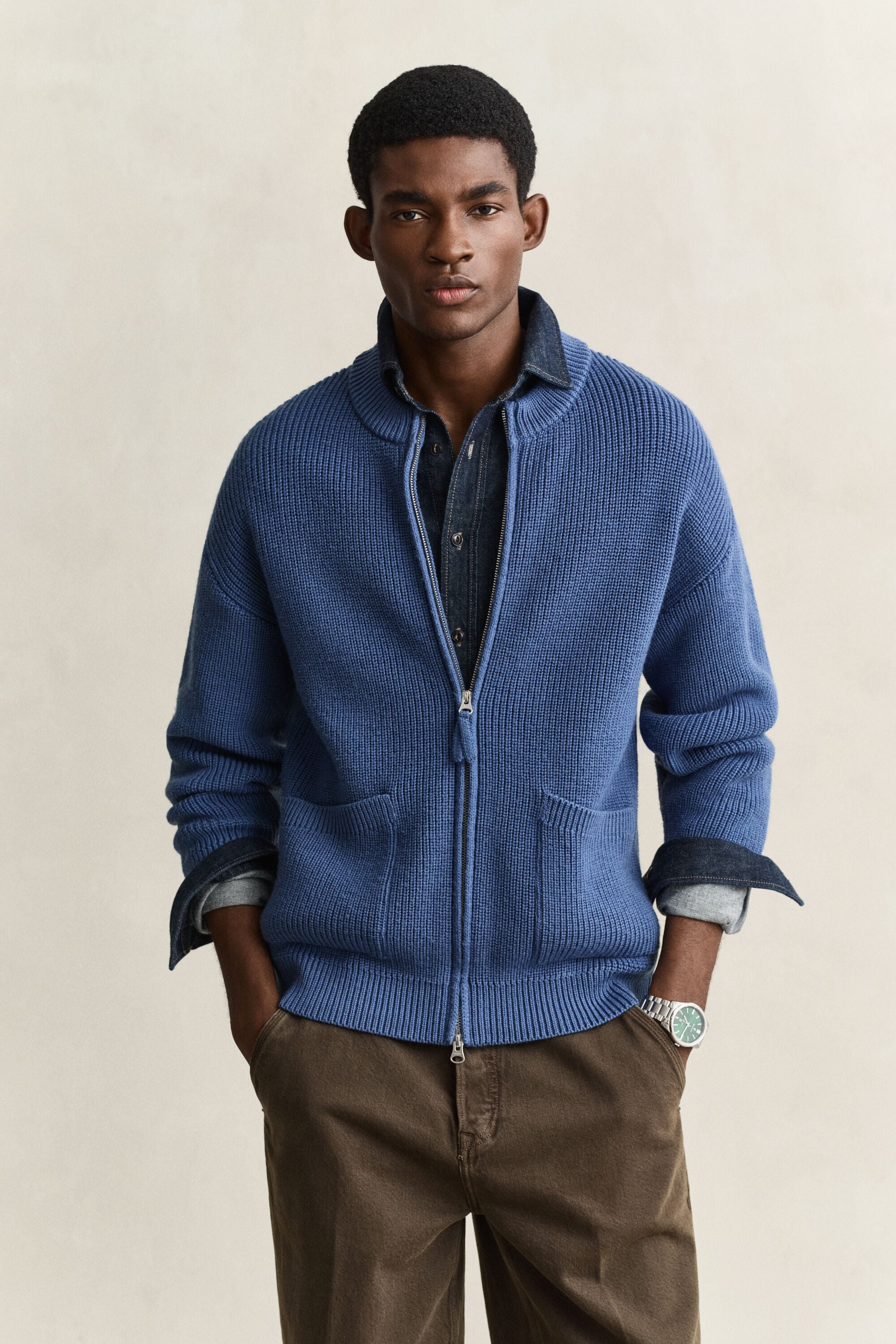 Cardigan con zip in lana a coste