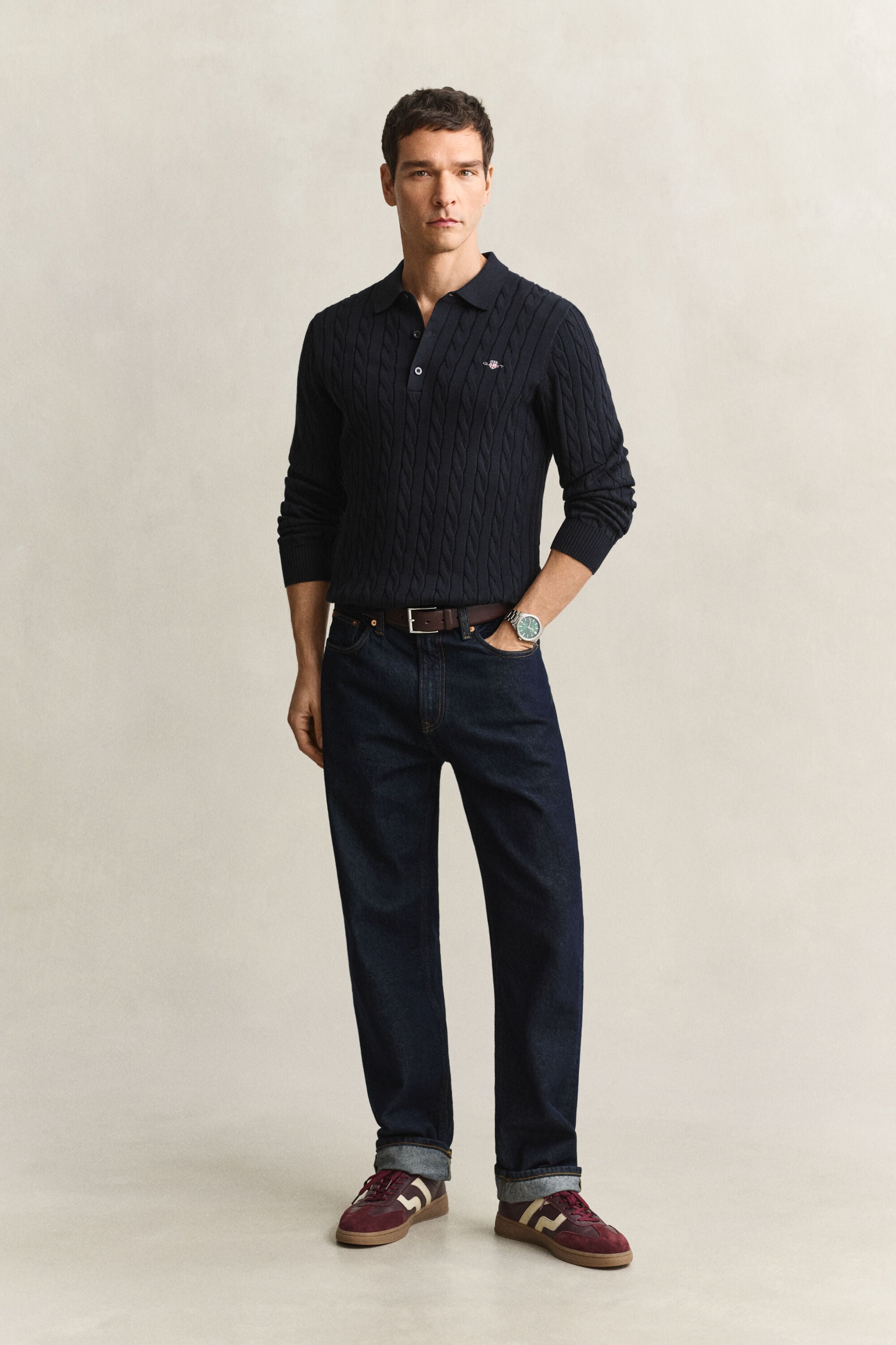 Polo in maglia a trecce in cotone