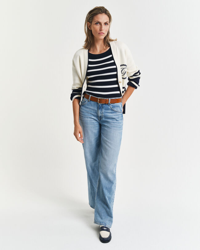 Top a spalle scoperte in maglia a coste e righe