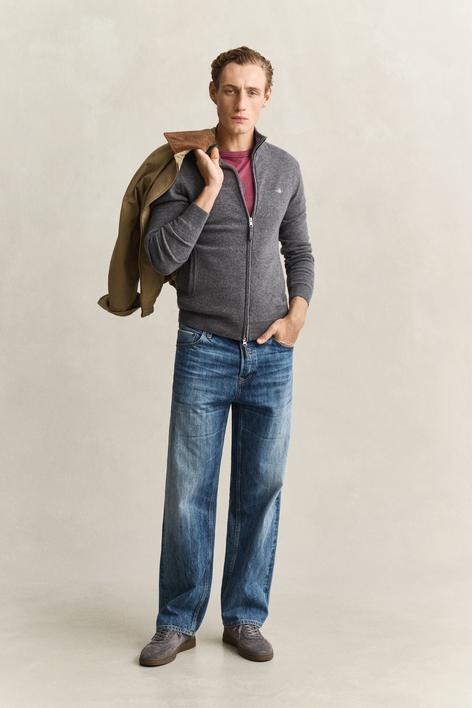 Cardigan con zip in lana d’agnello