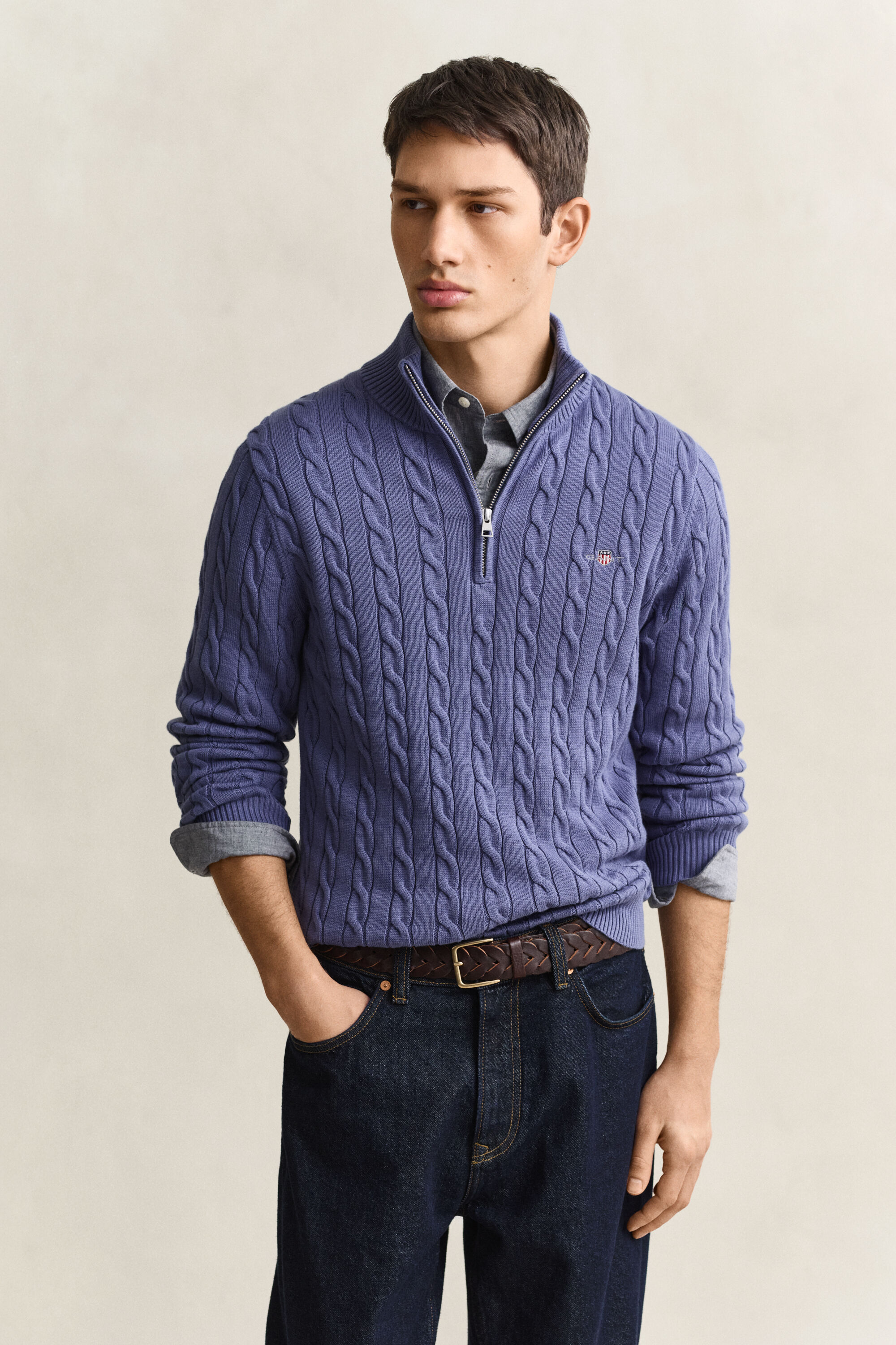 Maglia con zip corta in cotone a trecce