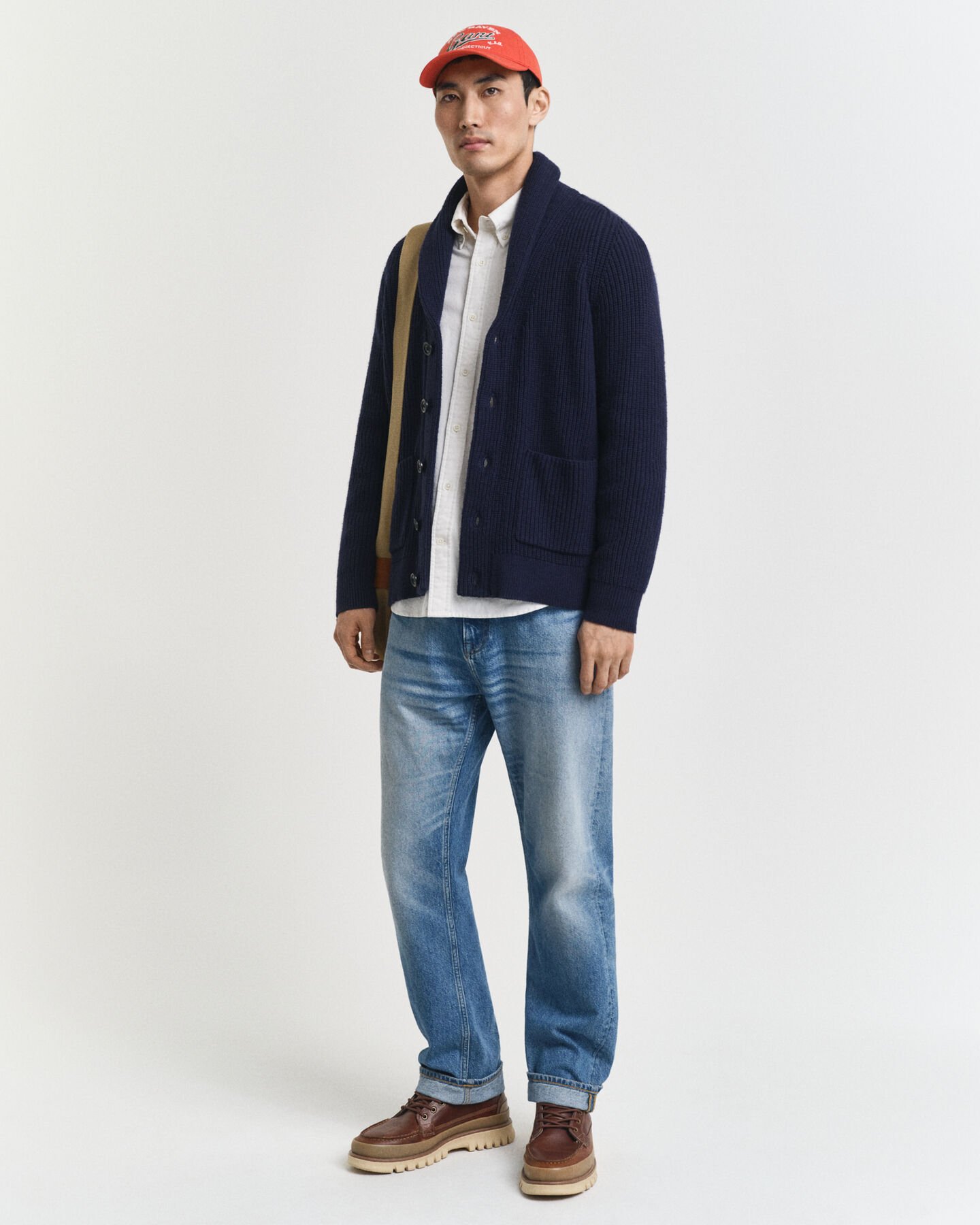 Cardigan con collo sciallato in misto lana