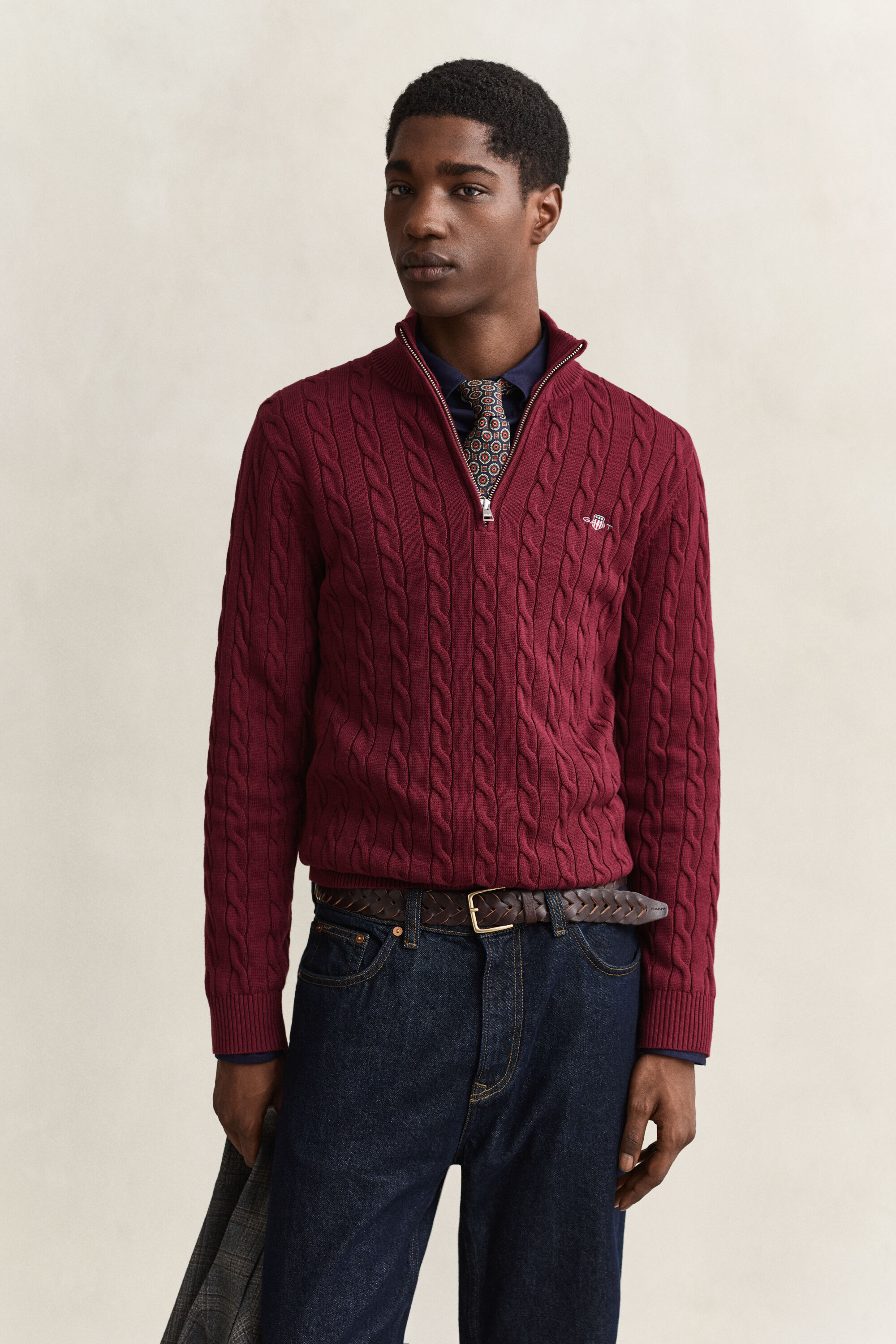 Maglia con zip corta in cotone a trecce