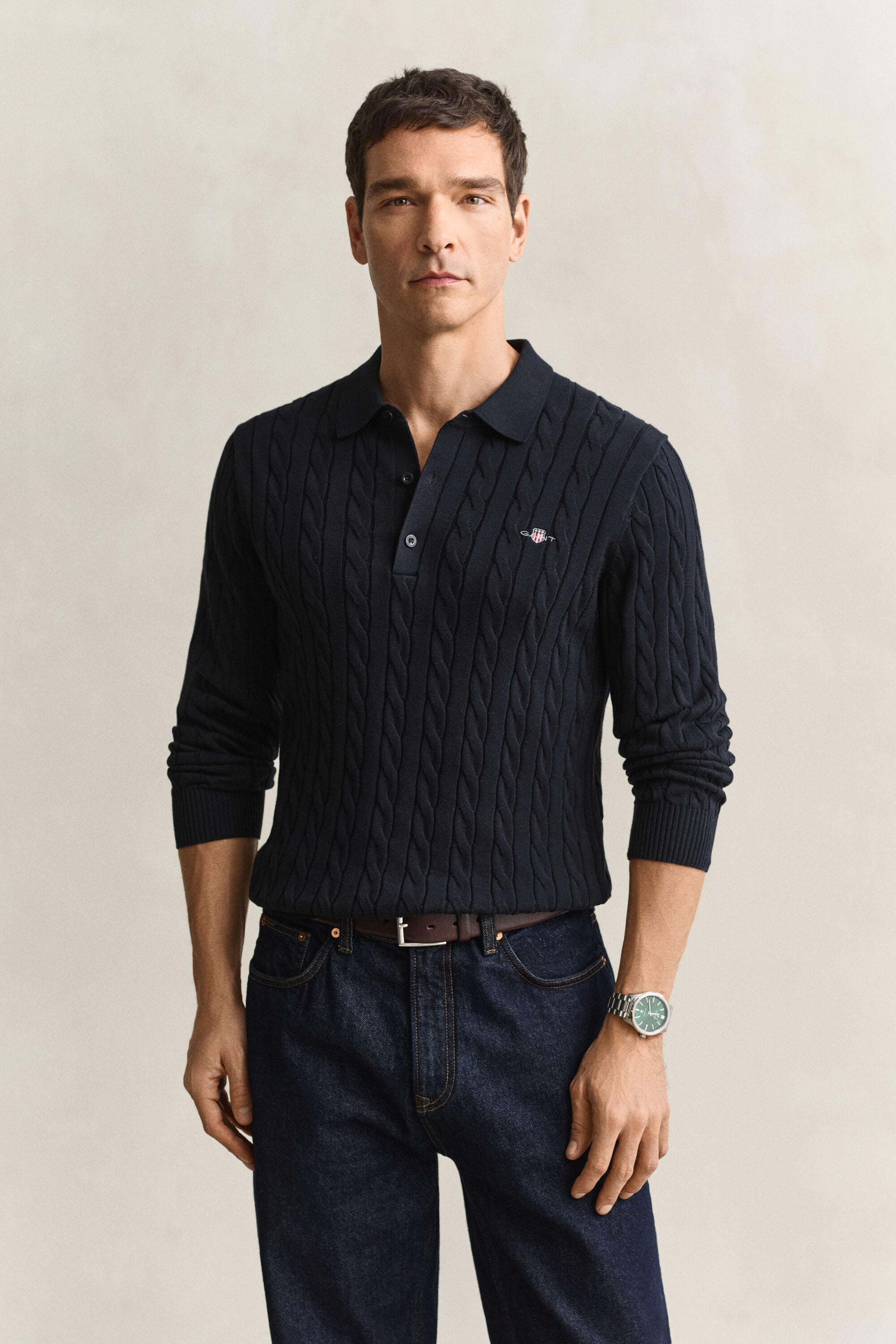 Polo in maglia a trecce in cotone
