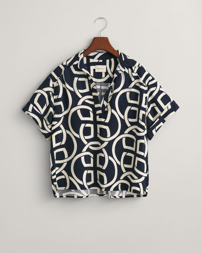 Camicia a maniche corte Popover di lino con stampa Monogram Print relaxed fit