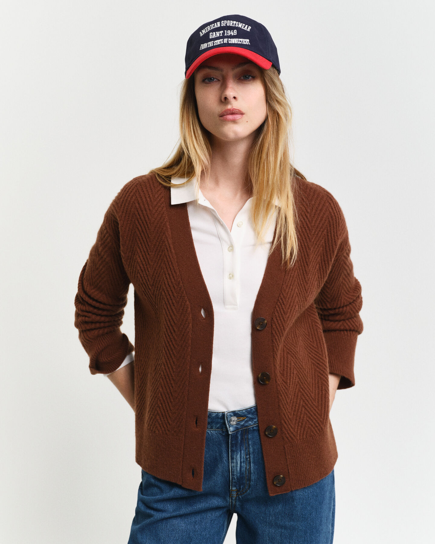 Cardigan con scollo a V e motivo a spina di pesce