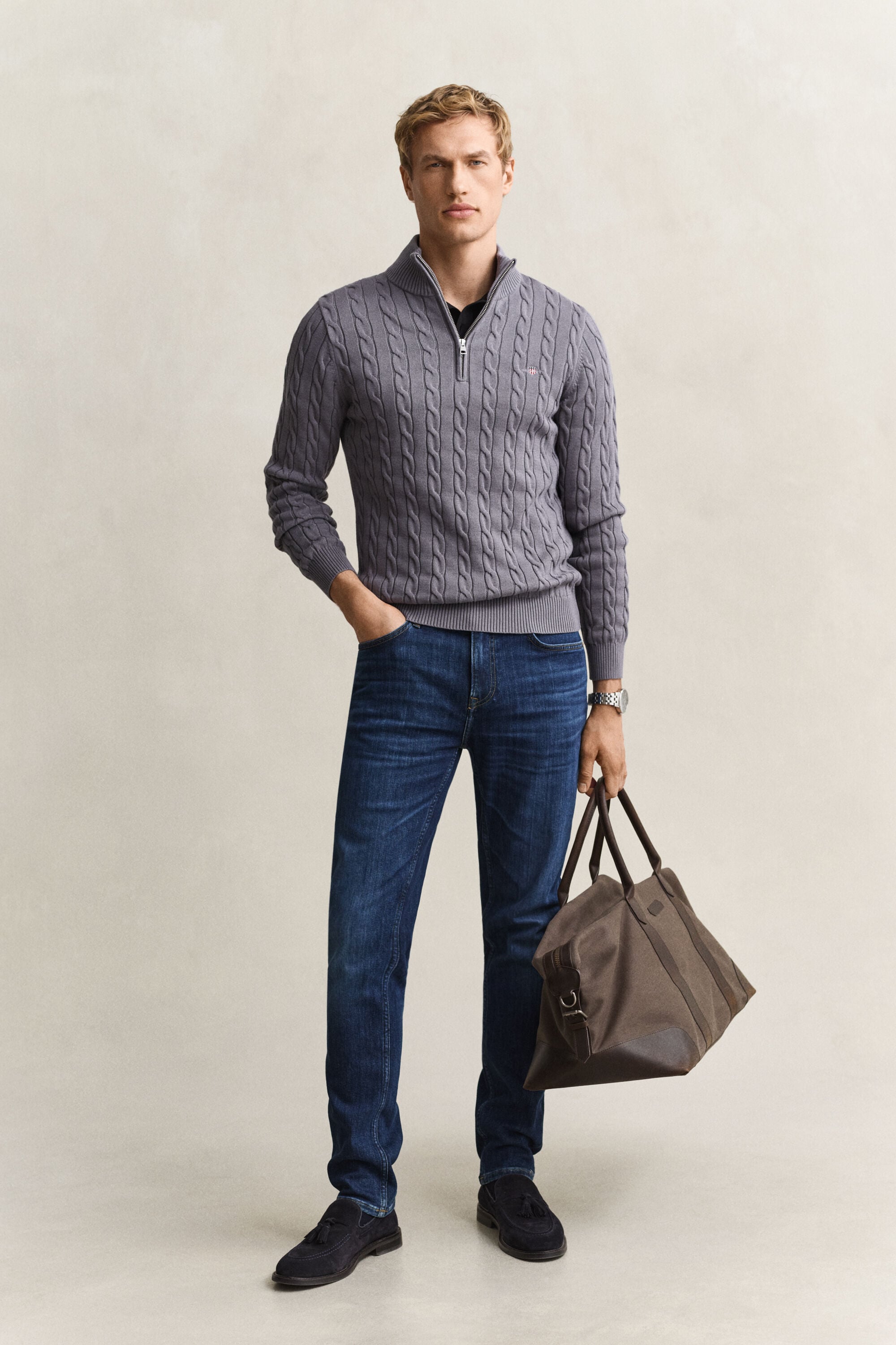 Maglia con zip corta in cotone a trecce