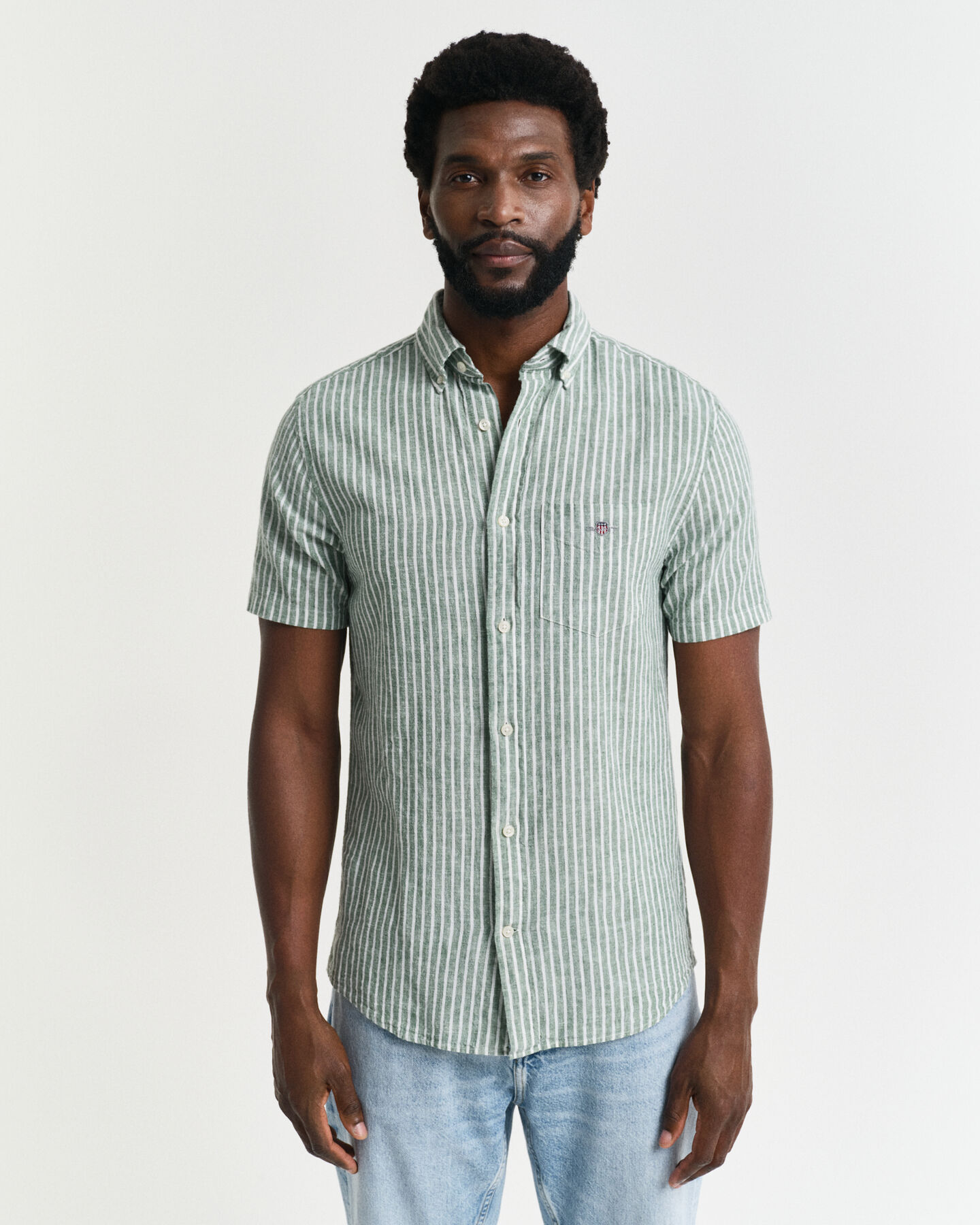 Camicia a maniche corte in misto cotone-lino regular fit