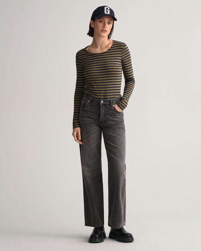 T-shirt a coste e righe con maniche lunghe